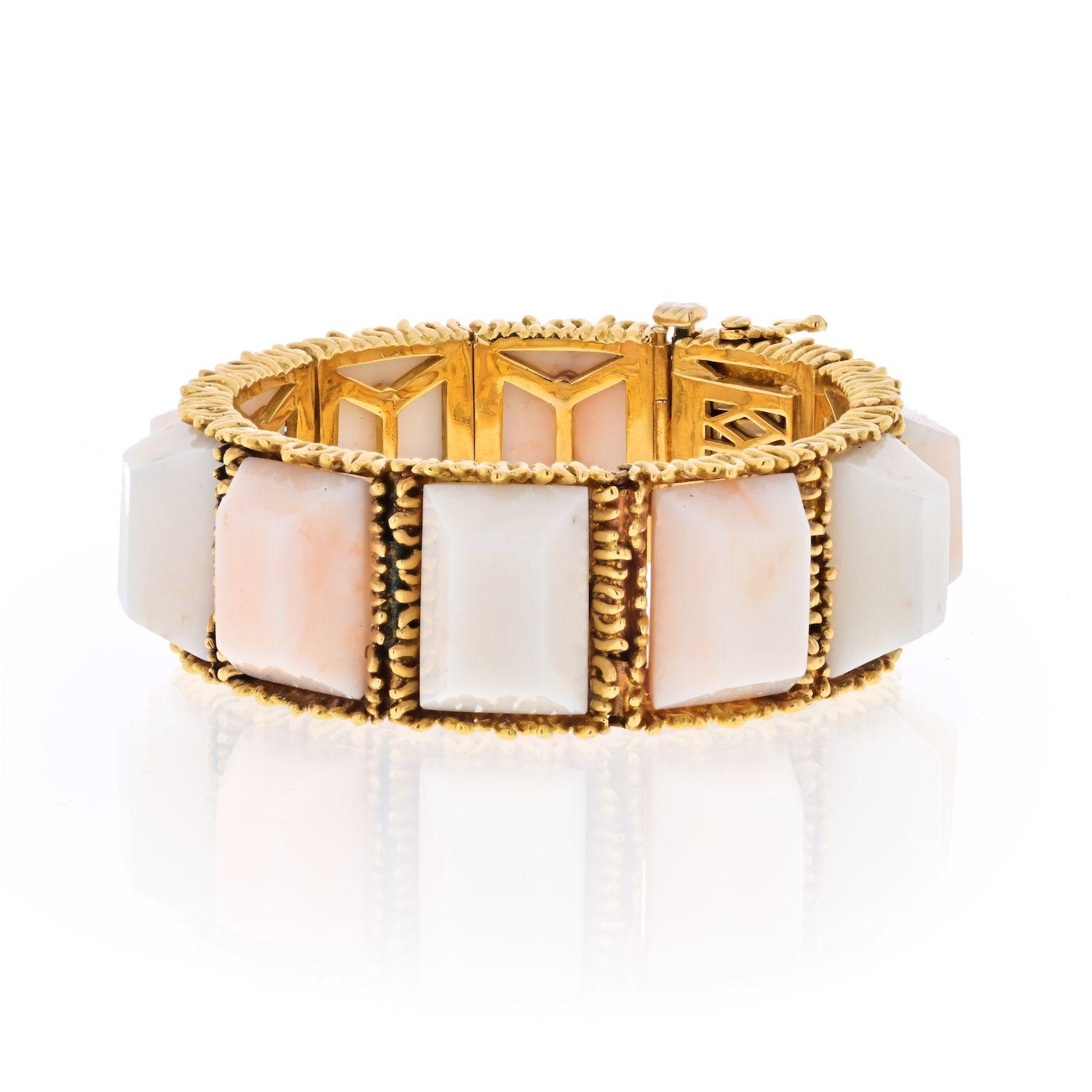 Modern Tiffany & Co. Yellow Gold Light Pink Coral Textured Semi Flex Vintage Bracelet For Sale