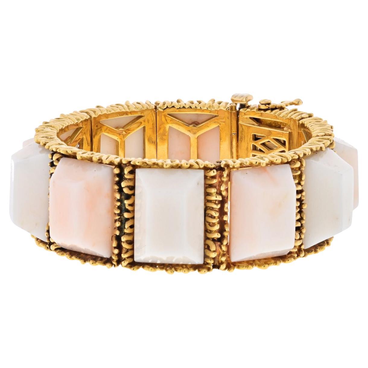 Tiffany & Co. Yellow Gold Light Pink Coral Textured Semi Flex Vintage Bracelet For Sale