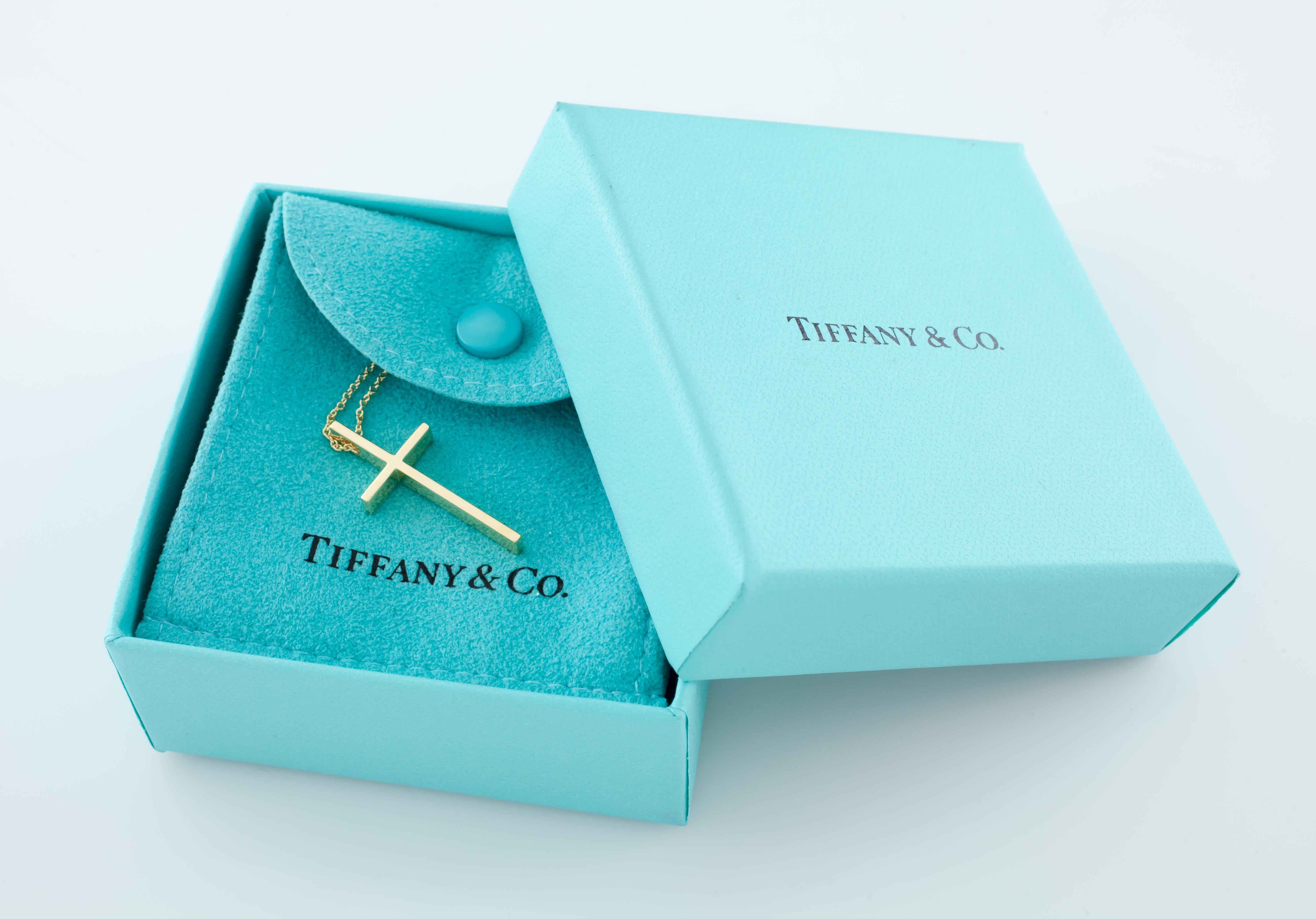 Tiffany & Co. Yellow Gold Metro Cross Pendant with Chain Box and Pouch 2