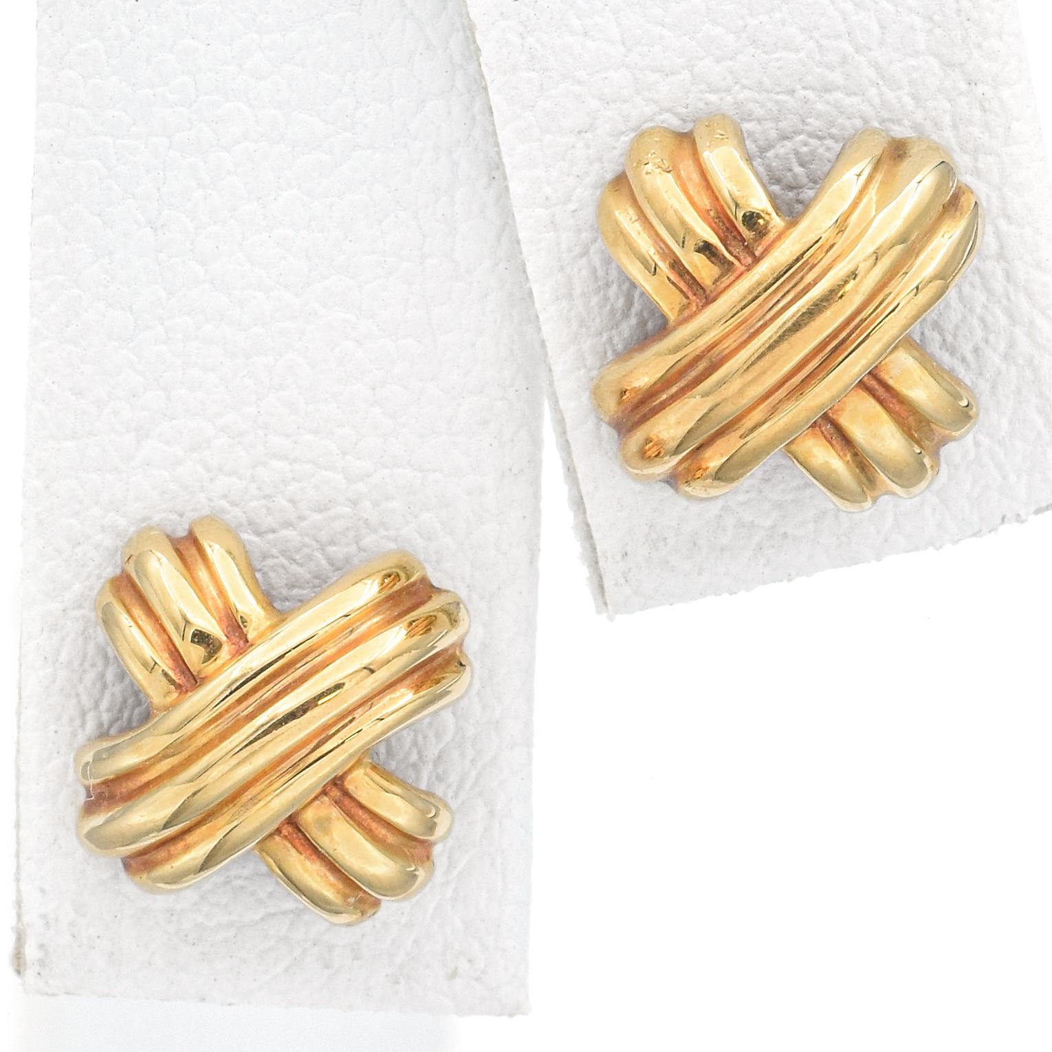 Tiffany & Co. Gelbgold gerippte X-Ohrstecker + Pouch Box