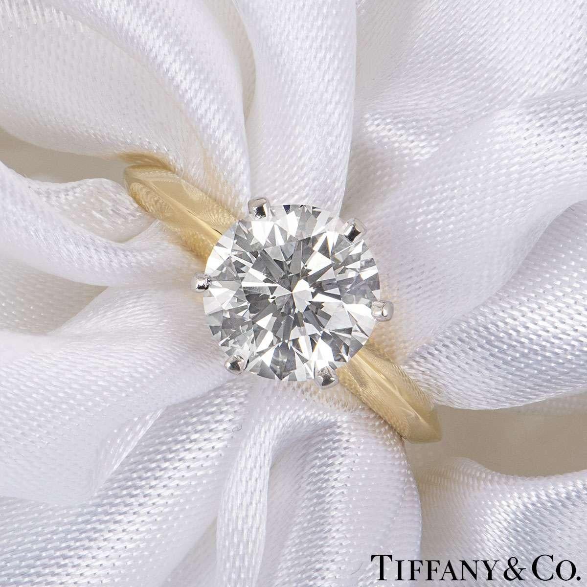 Round Cut Tiffany & Co. Yellow Gold Round Diamond Engagement Ring 2.05 Carat D/VVS2