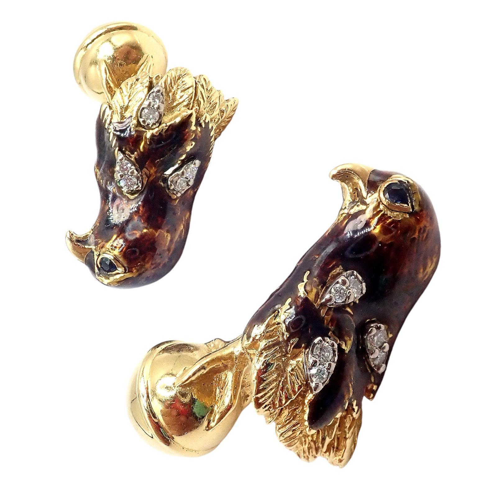 Tiffany & Co. Gelbgold Saphir Diamant Emaille Falcon Vogelkopf Manschettenknöpfe im Angebot 3