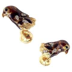 Vintage Tiffany & Co. Yellow Gold Sapphire Diamond Enamel Falcon Bird Head Cufflinks