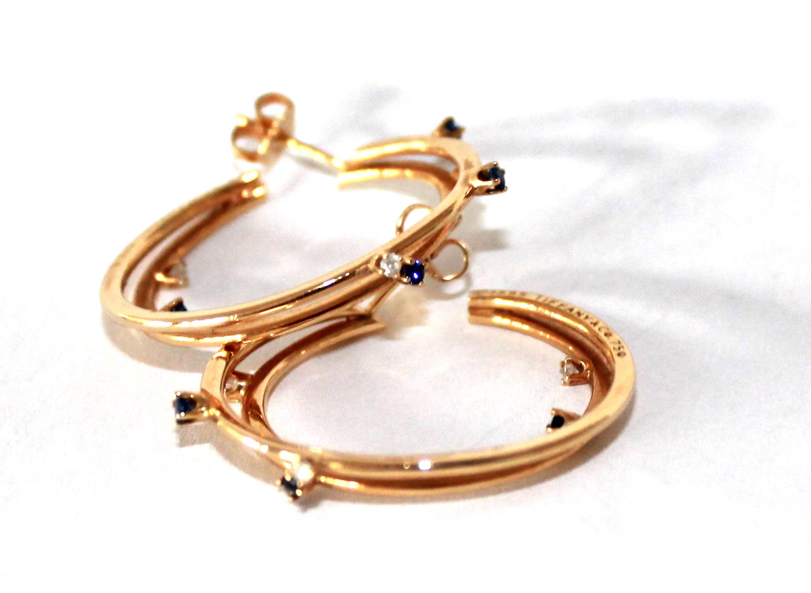 Women's or Men's Tiffany & Co. Yellow Gold White Diamond and Blue Sapphire Double Hoop Earrings For Sale