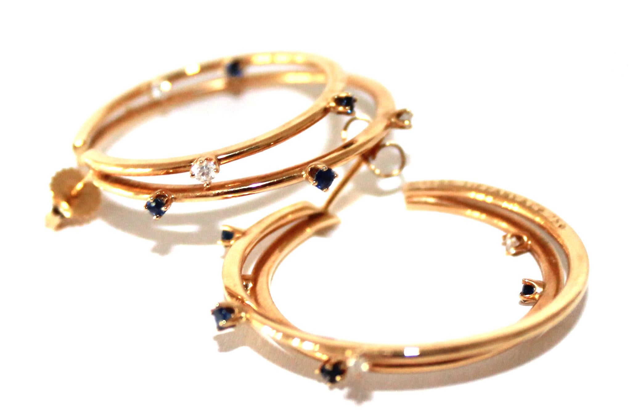 Tiffany & Co. Yellow Gold White Diamond and Blue Sapphire Double Hoop Earrings For Sale 5
