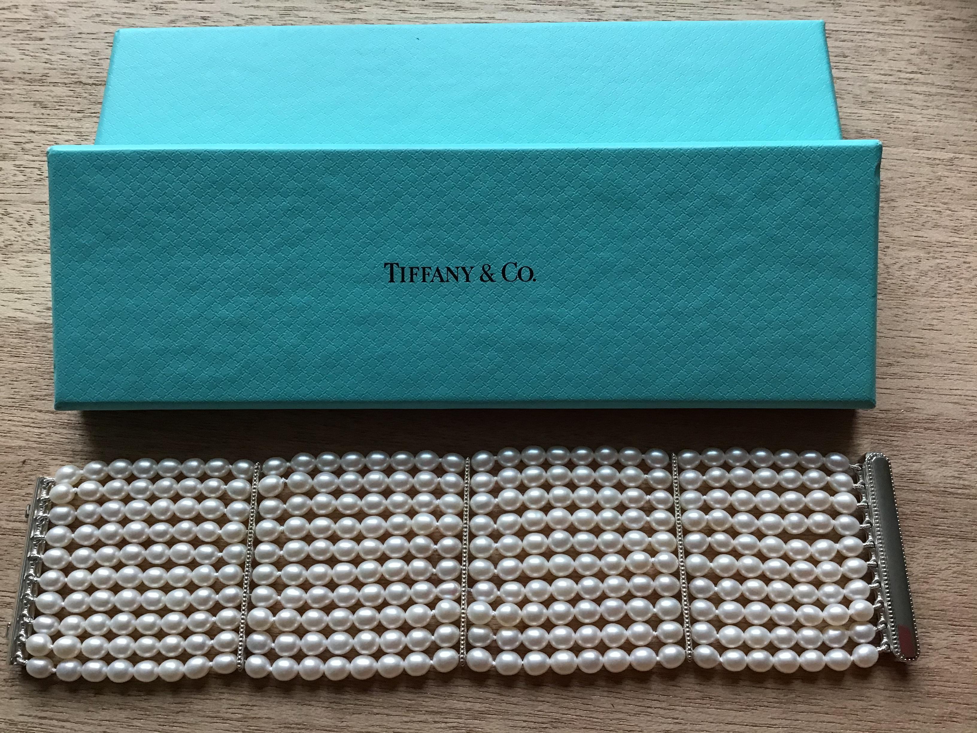 Tiffany & Co. Ziegfeld 10-Row Cultured Freshwater Pearl Sterling Silver Bracelet In Excellent Condition In Southampton, NY