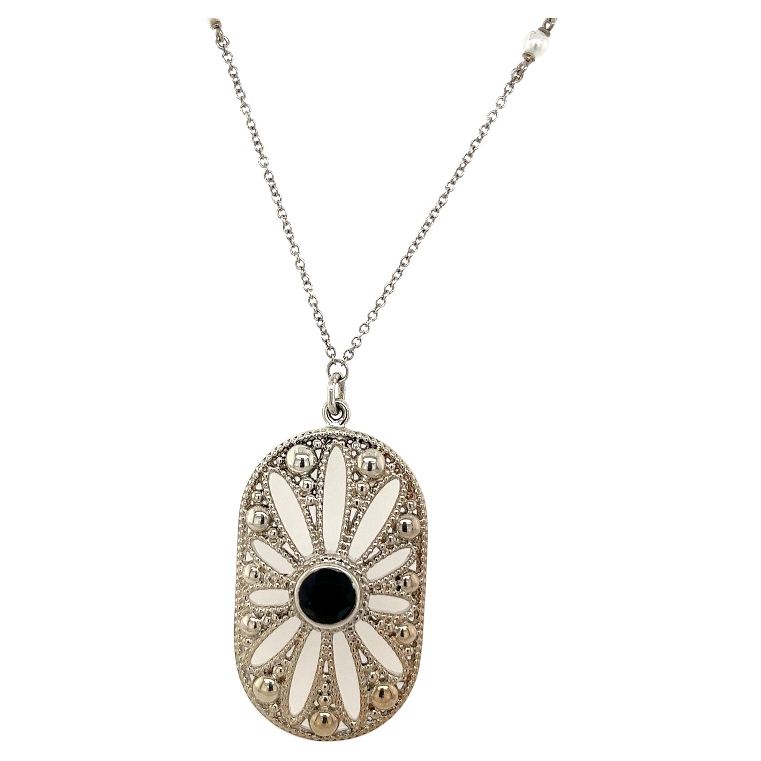 Tiffany & Co Ziegfeld Black Onyx Pearl Bead Silver Daisy Pendant  For Sale