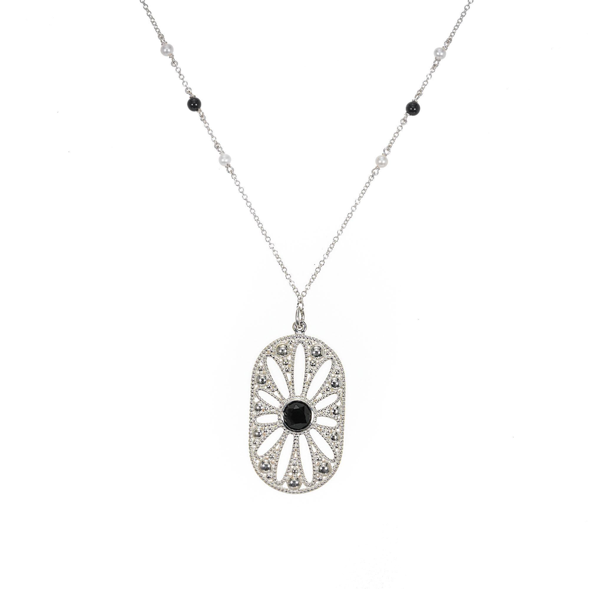 Ziegfeld collection Tiffany & Co sterling silver onyx and pearl pendant necklace. 24 inches and length. 

1 round cabochon onyx
6 round onyx
12 round pearls
Sterling Silver
Stamped: 925
Hallmark: Tiffany & Co
9.1 grams
Chain: 24 Inches

