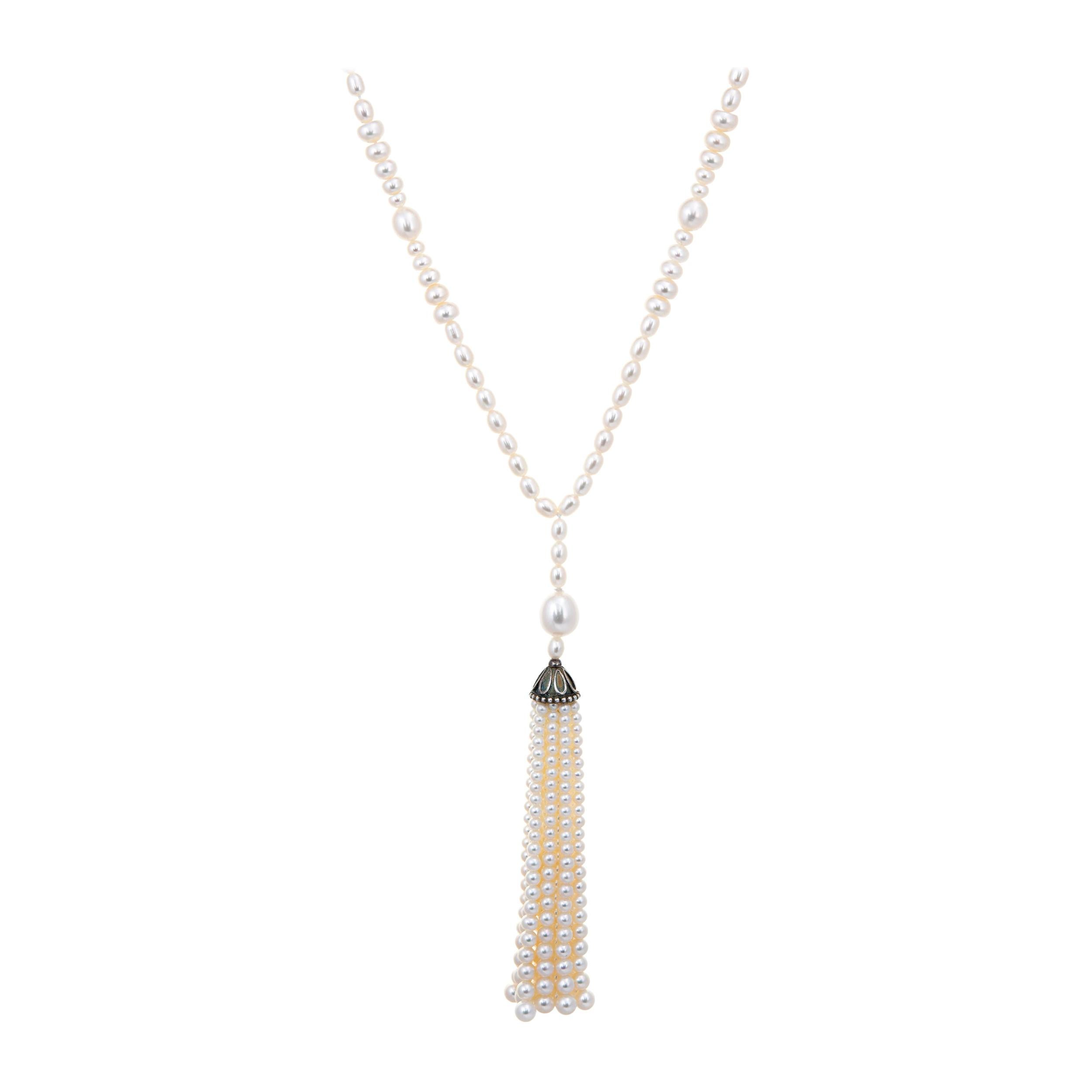 Tiffany & Co. Ziegfeld Pearl Necklace Sterling Silver Long Fringe Tassel Estate