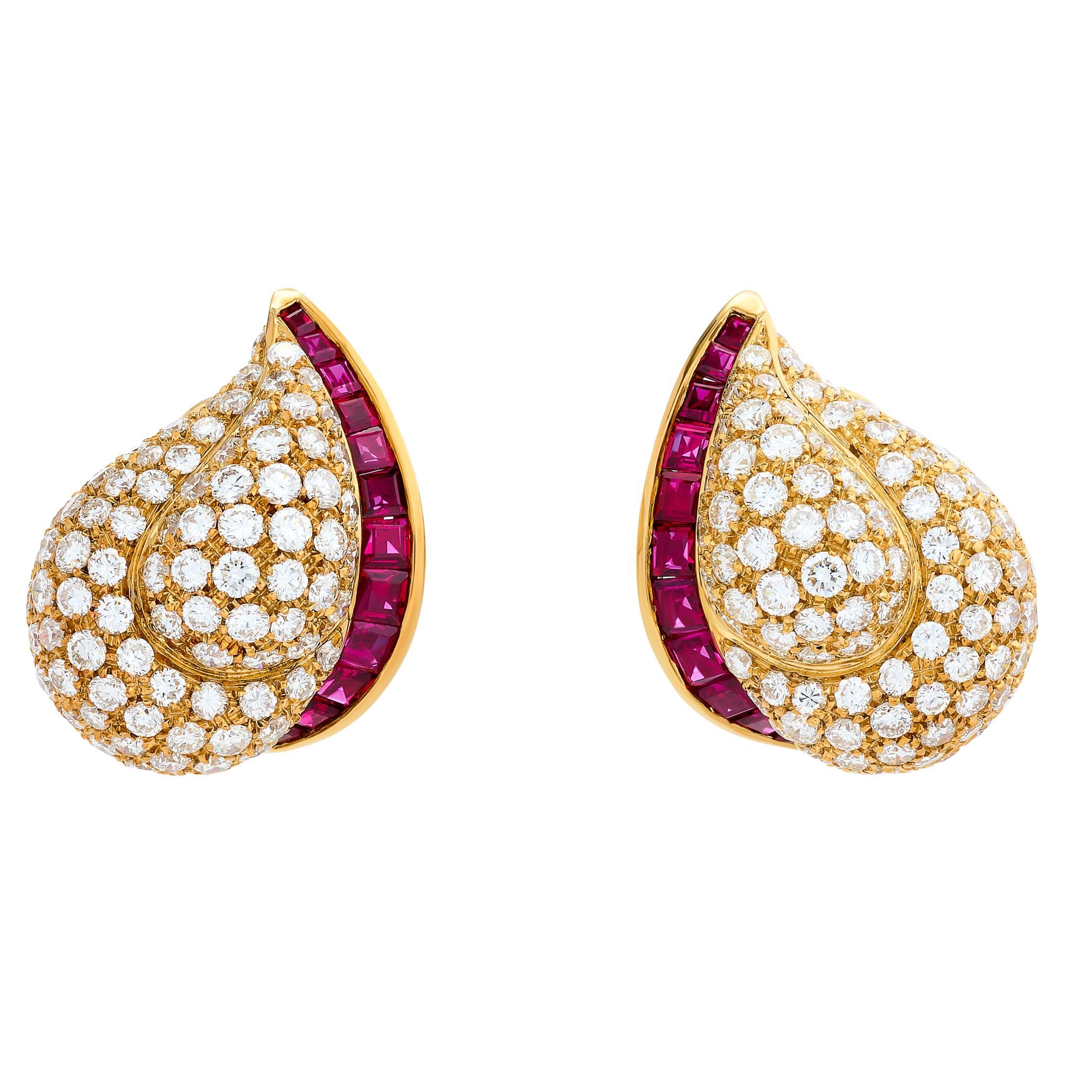 Tiffany & Company 18 Karat Yellow Gold Diamond and Ruby Paisley Earrings For Sale