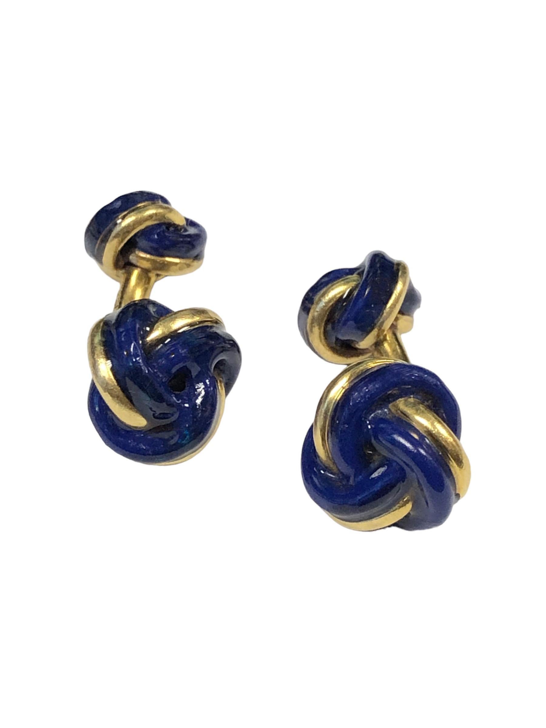 Tiffany & Company 18k and Cobalt Enamel Classic Knot Cufflinks In Excellent Condition For Sale In Chicago, IL