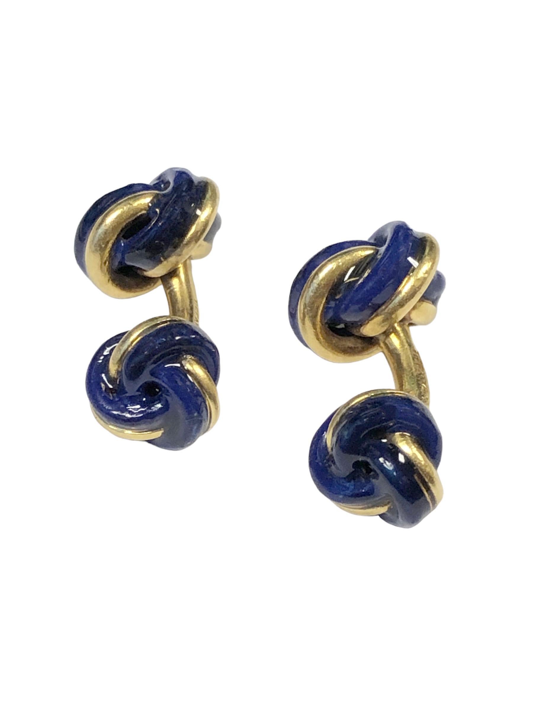 Women's or Men's Tiffany & Company 18k and Cobalt Enamel Classic Knot Cufflinks For Sale