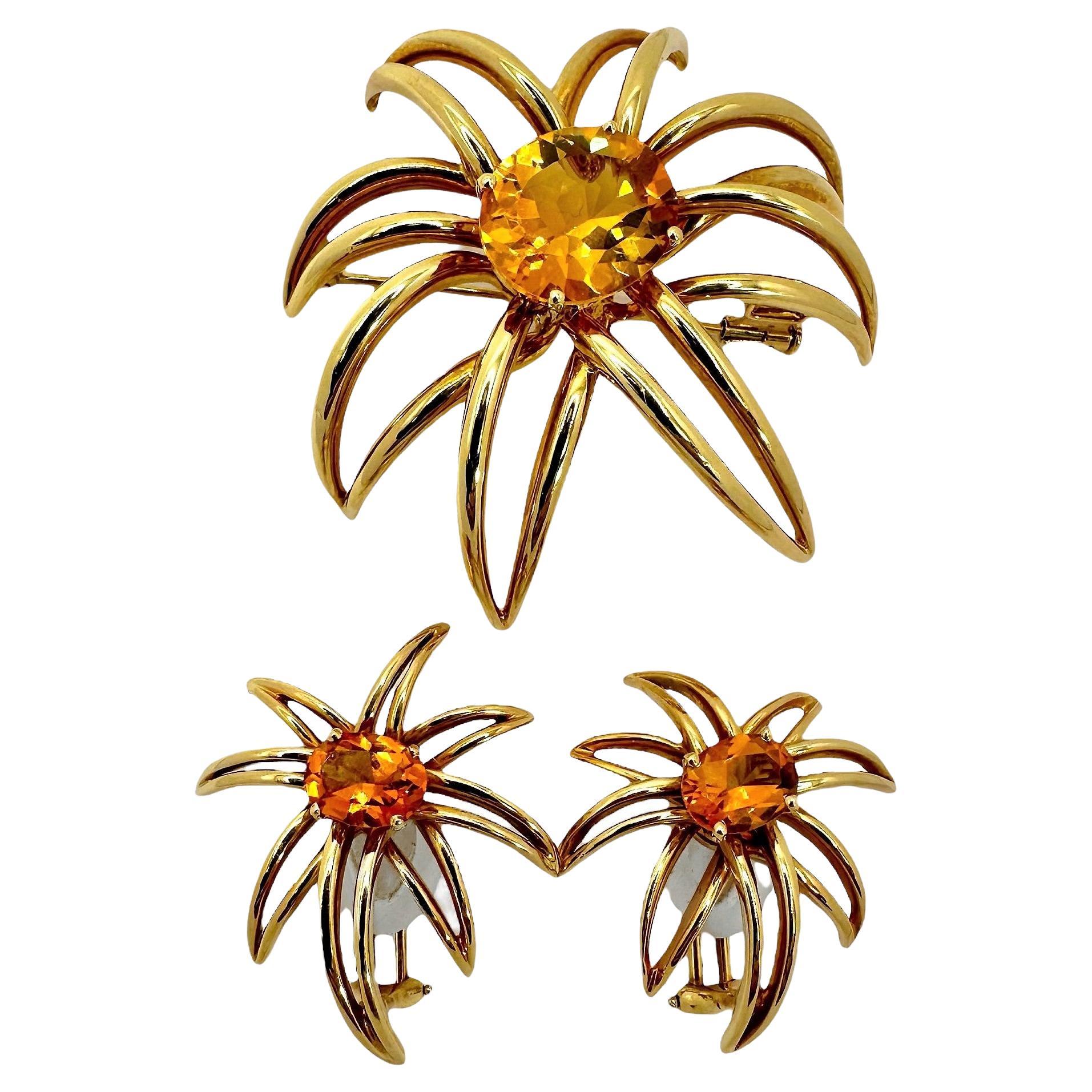 Tiffany & Company 18k Gold and Citrine " Fireworks" Brooch and Earrings Set For Sale