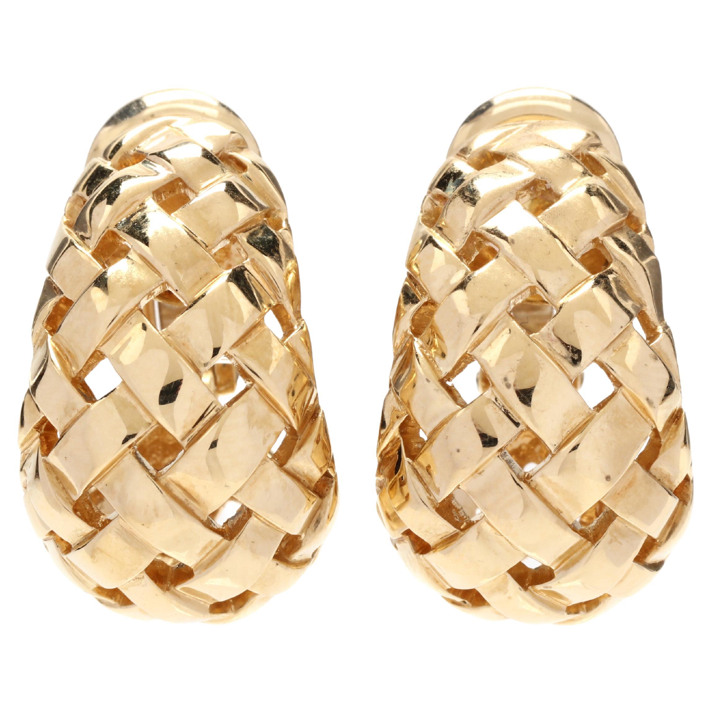 Tiffany & Company 18K Yellow Gold Vannerie Basketweave Clip On Hoop Earrings