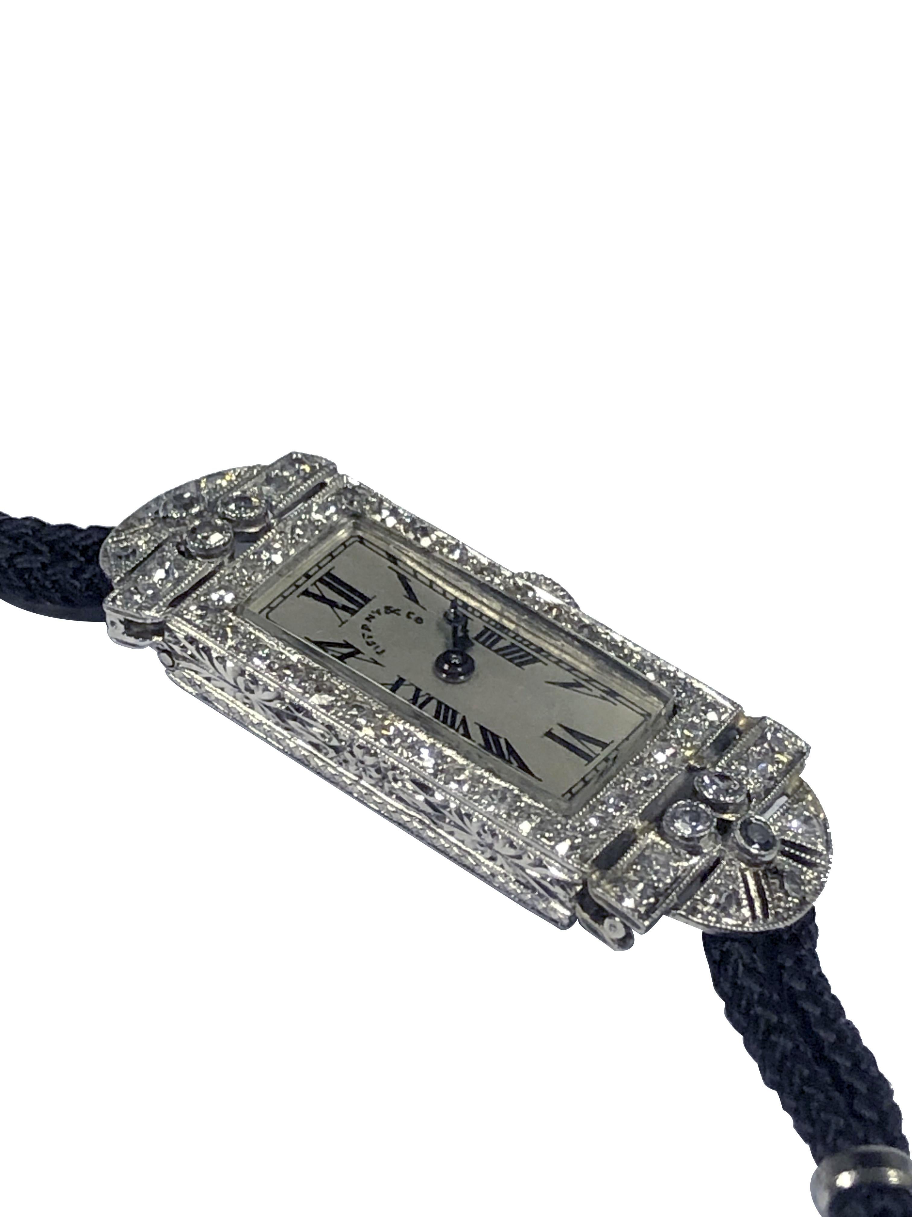 Taglio antico europeo Tiffany & Company 1920 Art Deco in platino e diamanti A.I. C. Orologio da polso Meylan in vendita