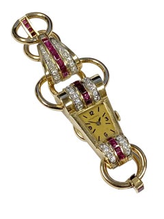 Tiffany & Company 1940s Retro Damen Gold und Edelstein Set Armbanduhr