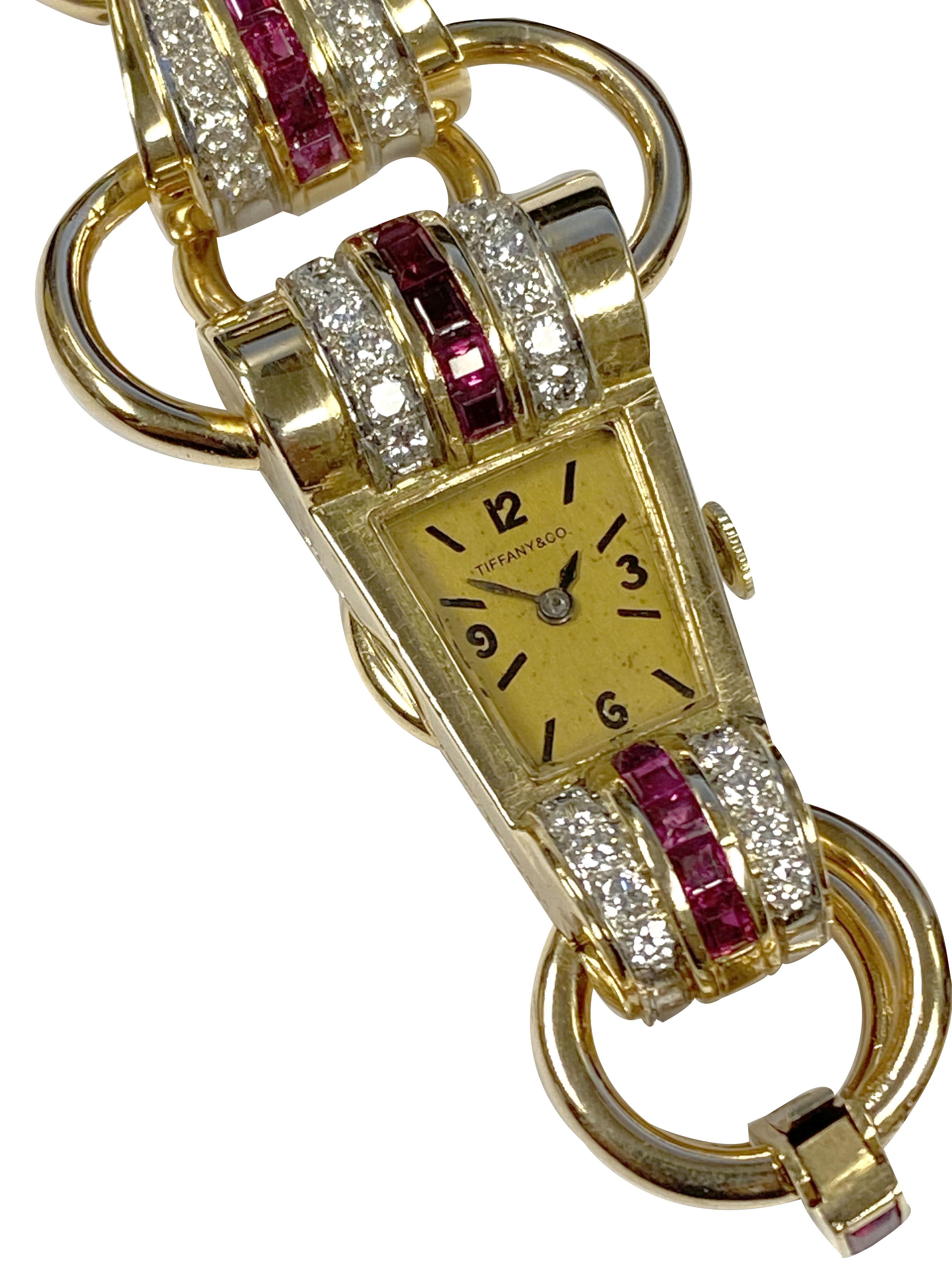 Tiffany & Company 1940s Retro Ladies Gold and Gem Set Bracelet Watch In Excellent Condition In Chicago, IL