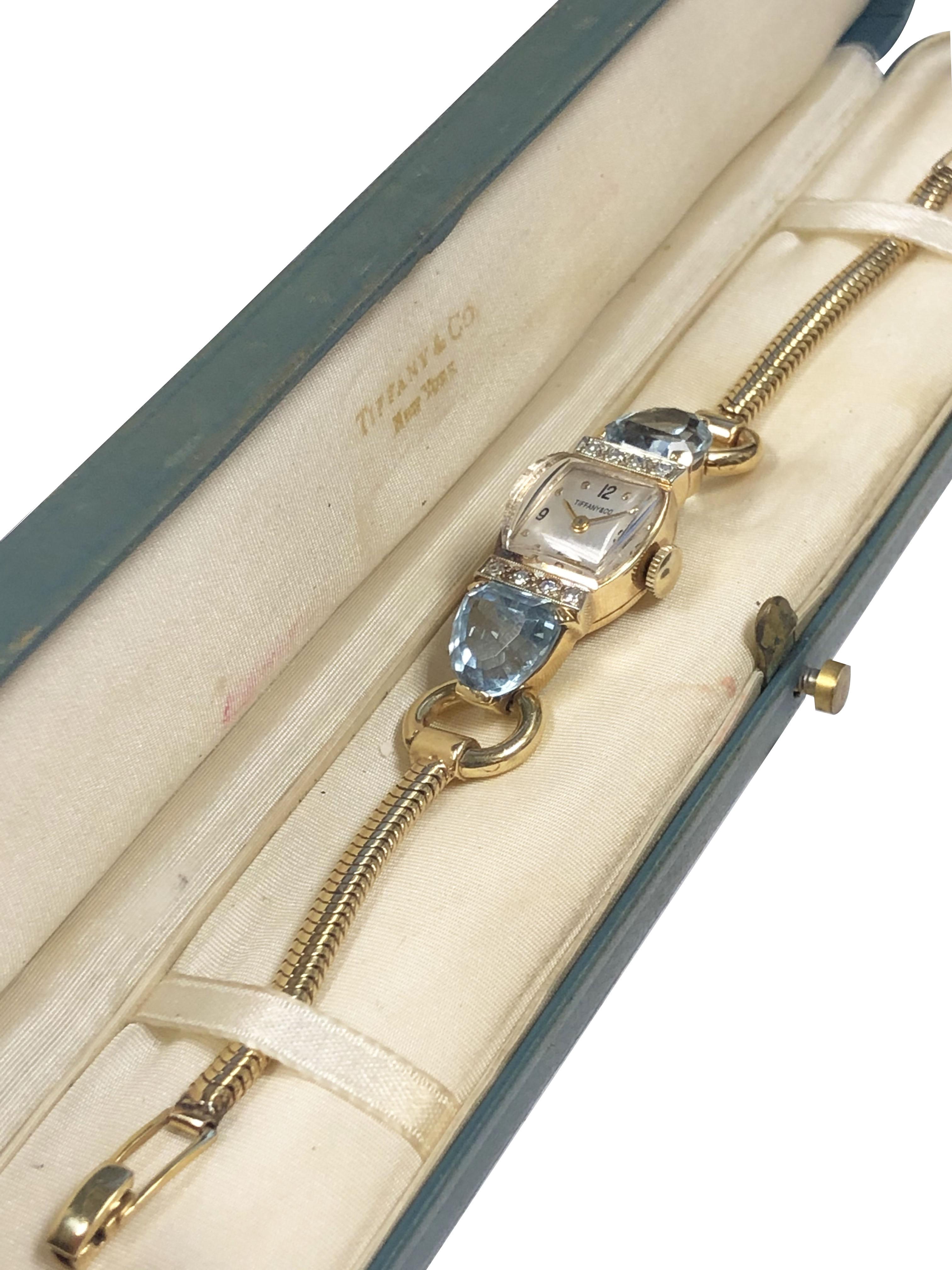 Tiffany & Co. 1940s Yellow Gold and Gem Set Ladies Mechanical Wristwatch In Excellent Condition In Chicago, IL