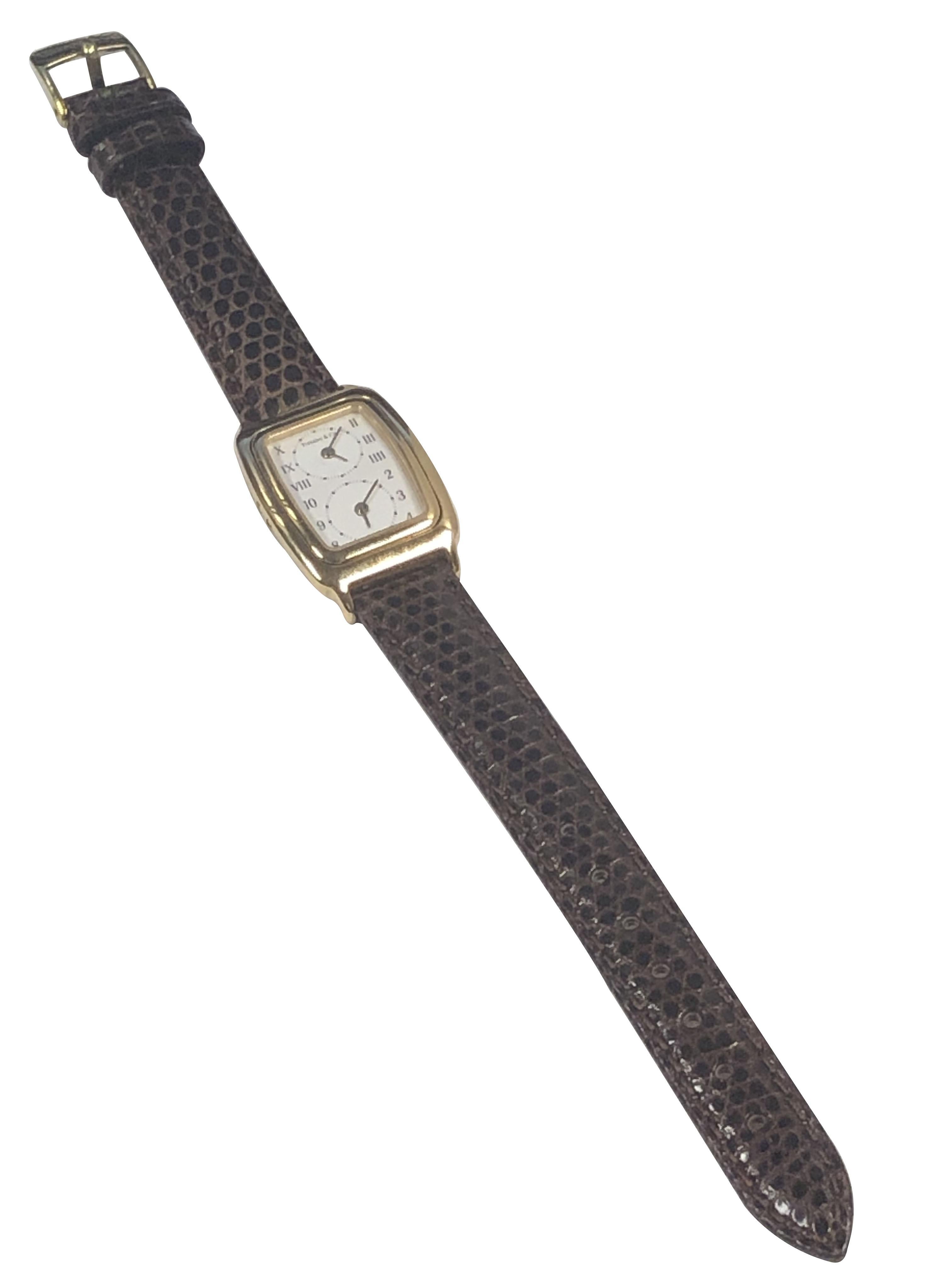 Women's or Men's Tiffany & Company 2 Time Zone Yellow Gold Mid Size Wrist Watch