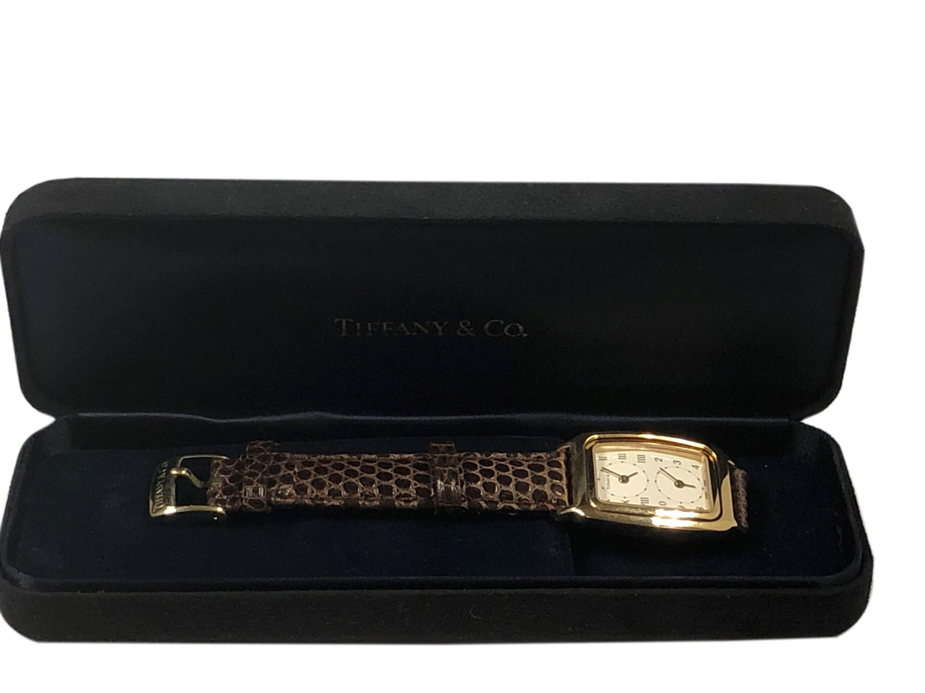 Tiffany & Company 2 Time Zone Yellow Gold Mid Size Wrist Watch 1