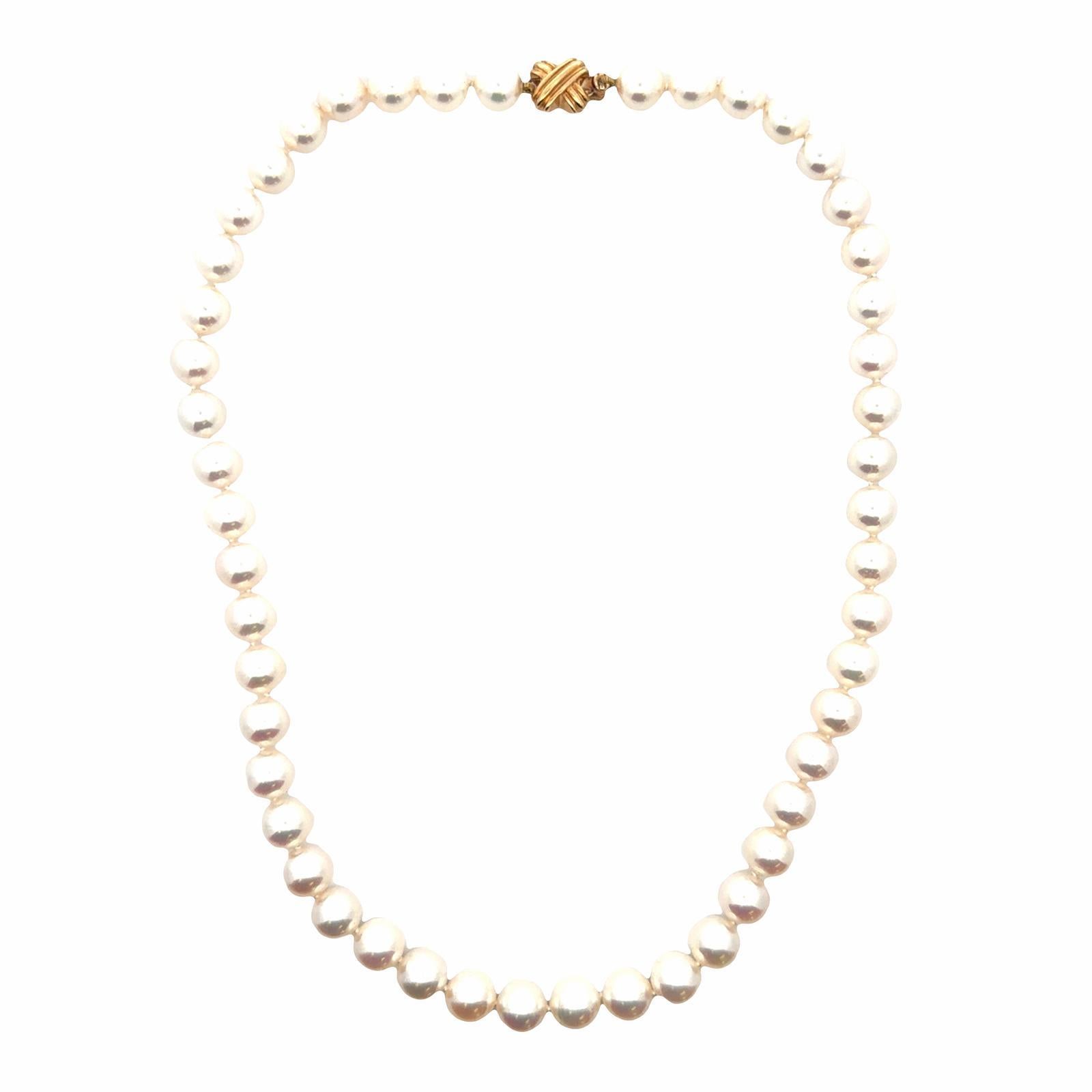 Modern Tiffany & Company Akoya Essential 8mm Cultured Pearl Necklace 18KYG X Clasp For Sale