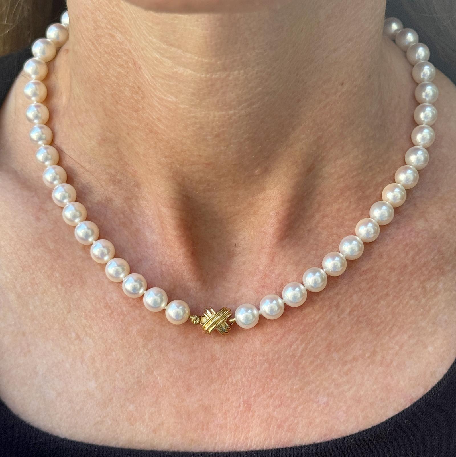 Round Cut Tiffany & Company Akoya Essential 8mm Cultured Pearl Necklace 18KYG X Clasp For Sale