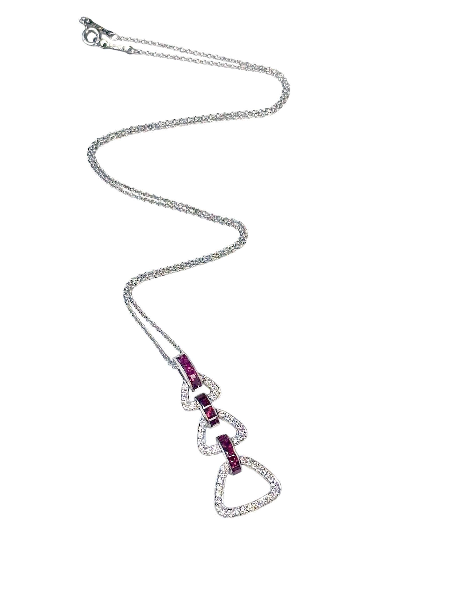 Tiffany & Company Art Deco Style Platinum Diamond Ruby Pendant Necklace  In Excellent Condition For Sale In Chicago, IL