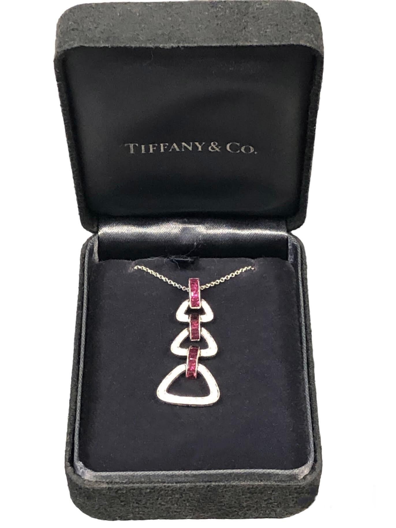 Women's Tiffany & Company Art Deco Style Platinum Diamond Ruby Pendant Necklace  For Sale