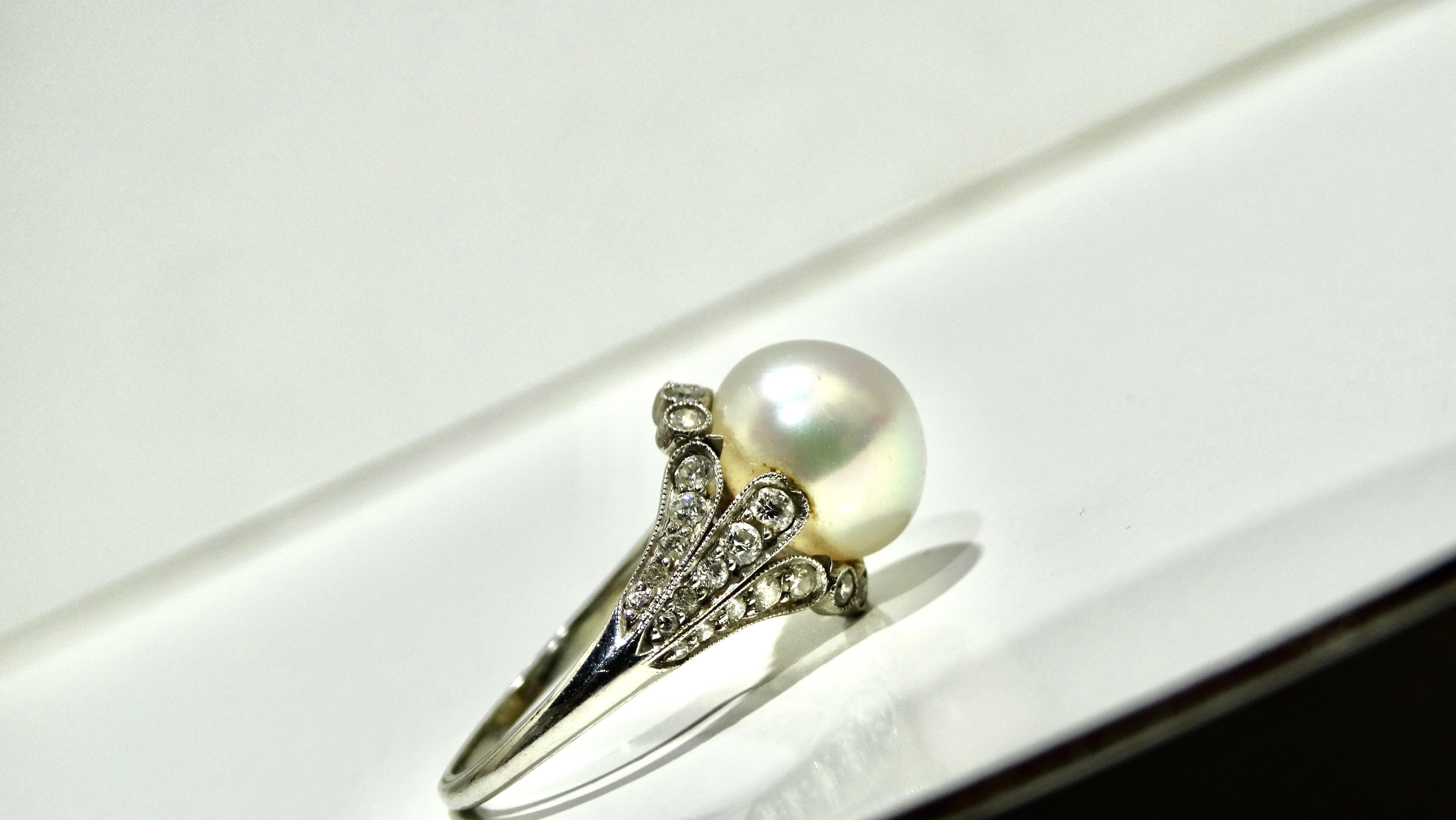 Beautiful Tiffany & Company button shape cultured pearl with 38 diamonds surrounding it. Roughly 0.56ctw. Platinum band with millegrain edges. Size 6 1/2 with horseshoe size. This ring would be a beautiful ring on its own or paired with your other