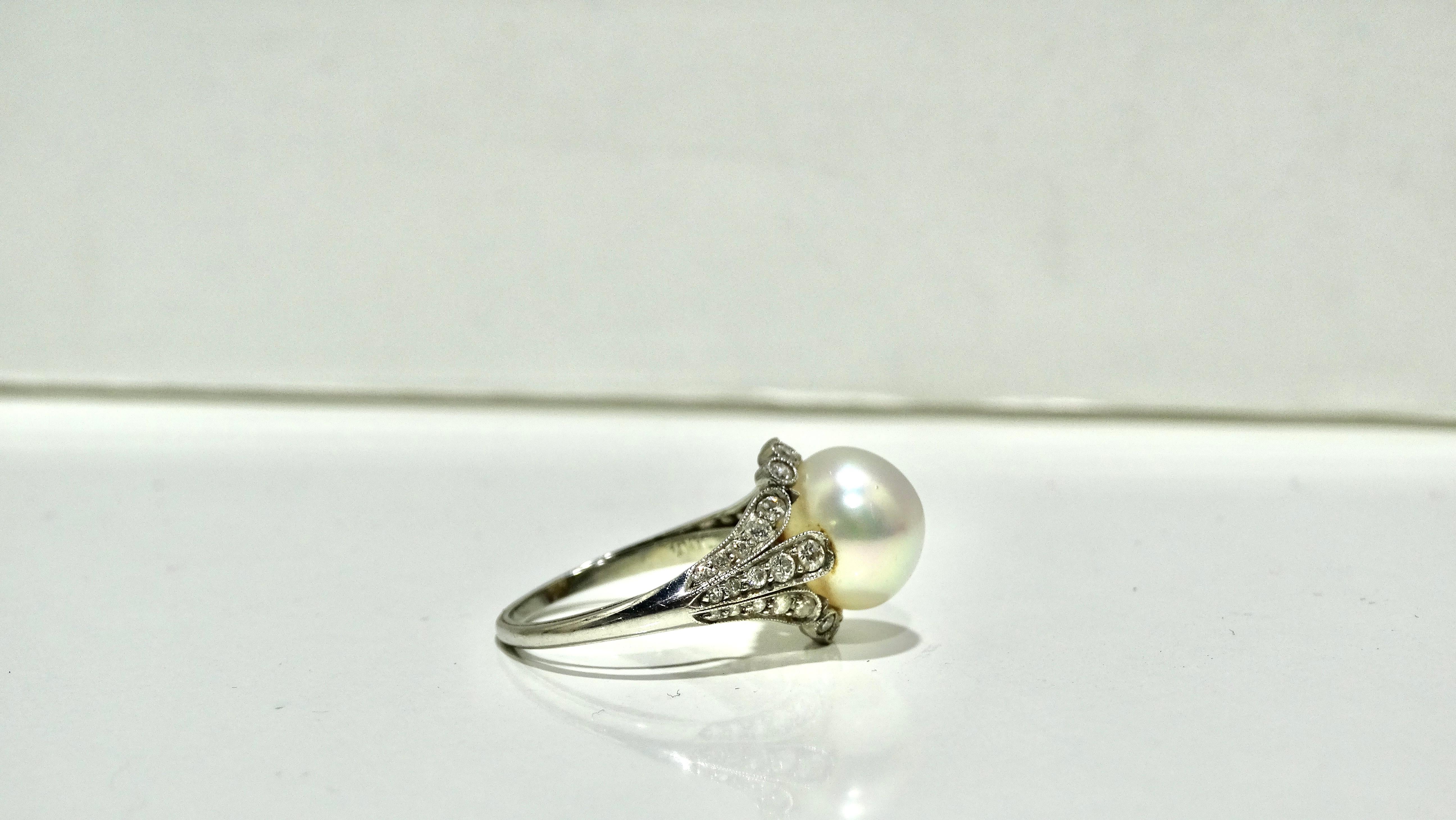Art Deco Tiffany & Company Cultured Pearl, Diamond, Platinum Ring