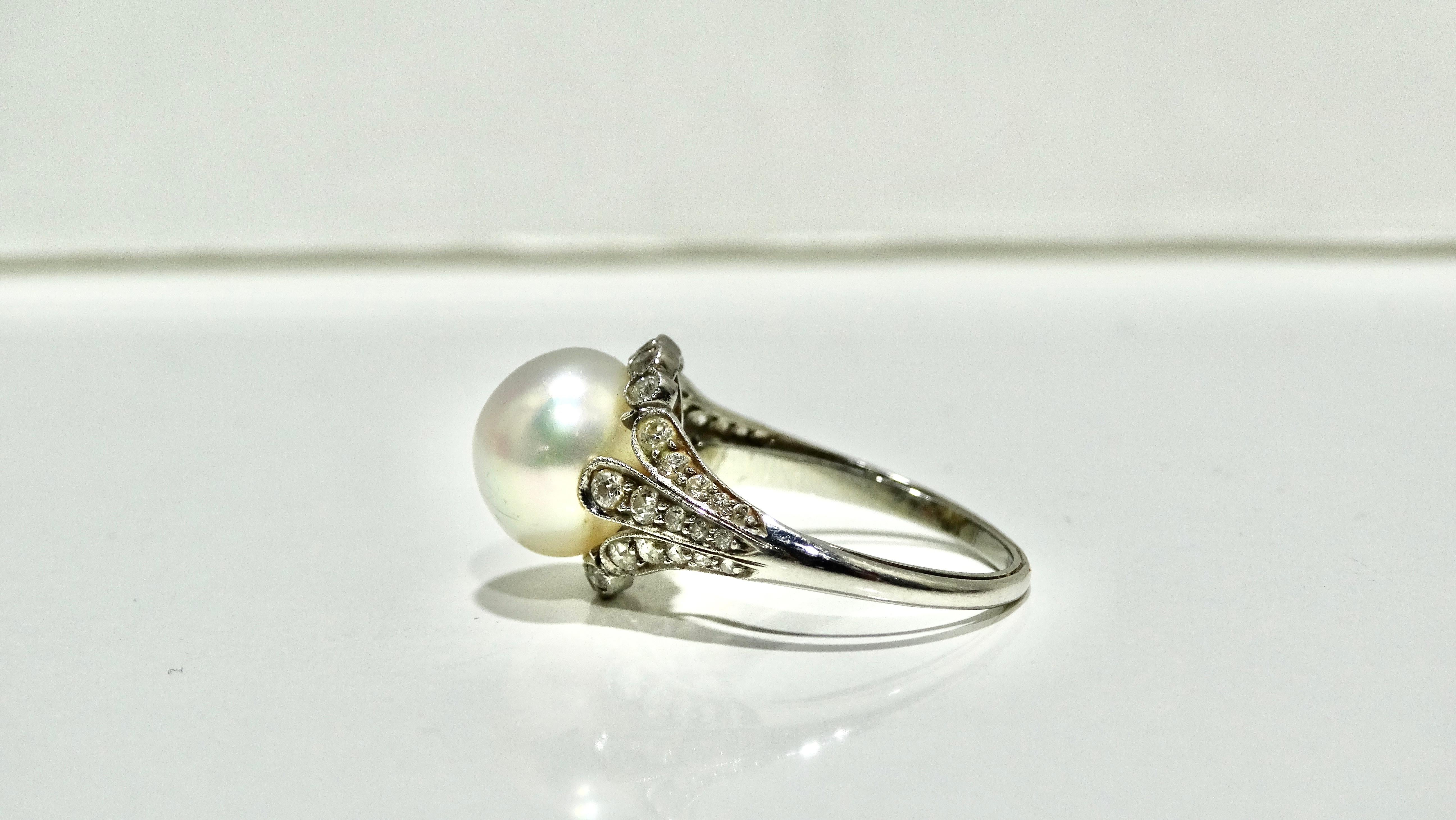 Old European Cut Tiffany & Company Cultured Pearl, Diamond, Platinum Ring