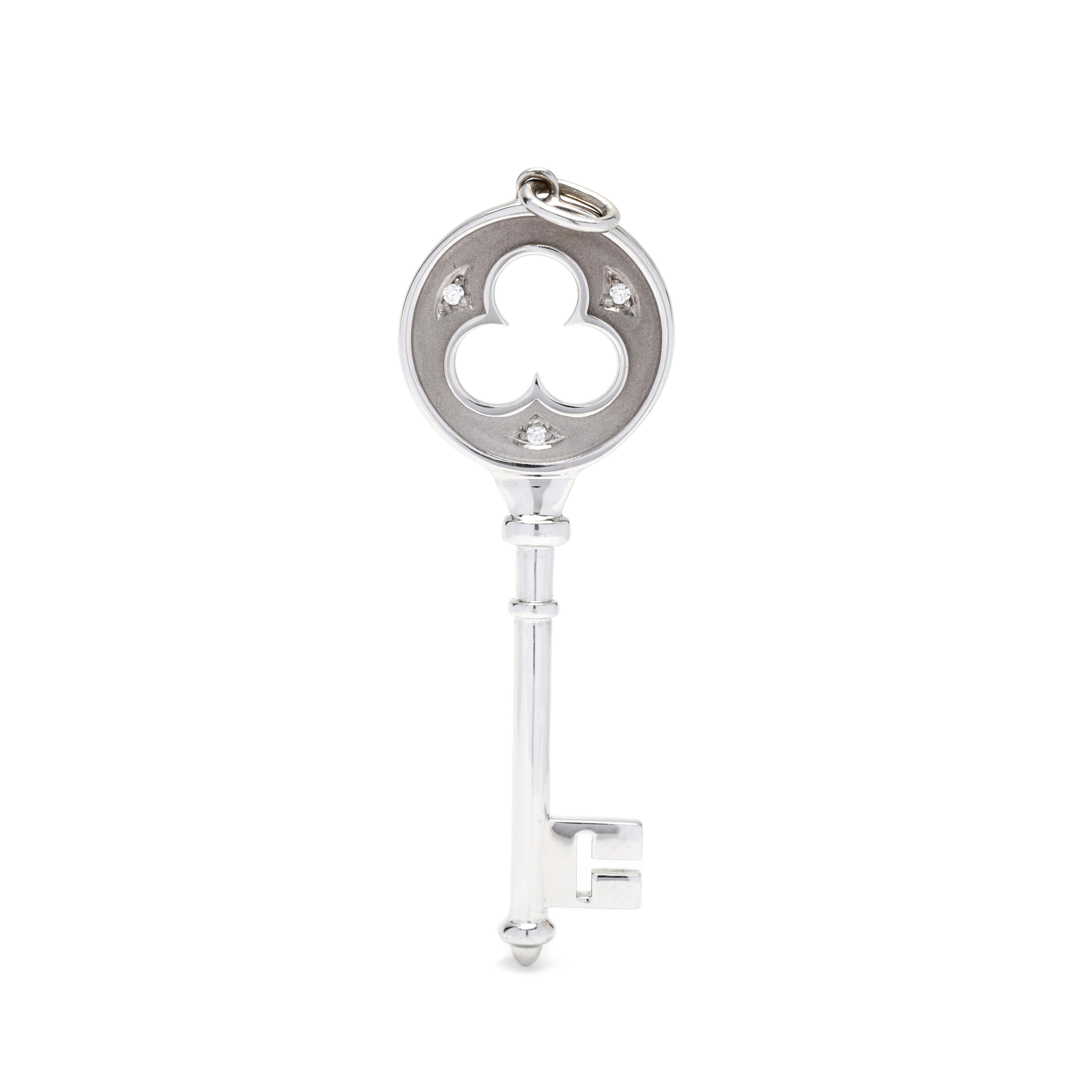 Tiffany & Company Diamond Trefoil Key Pendant, 18K White Gold, Length 2.25 Inch For Sale