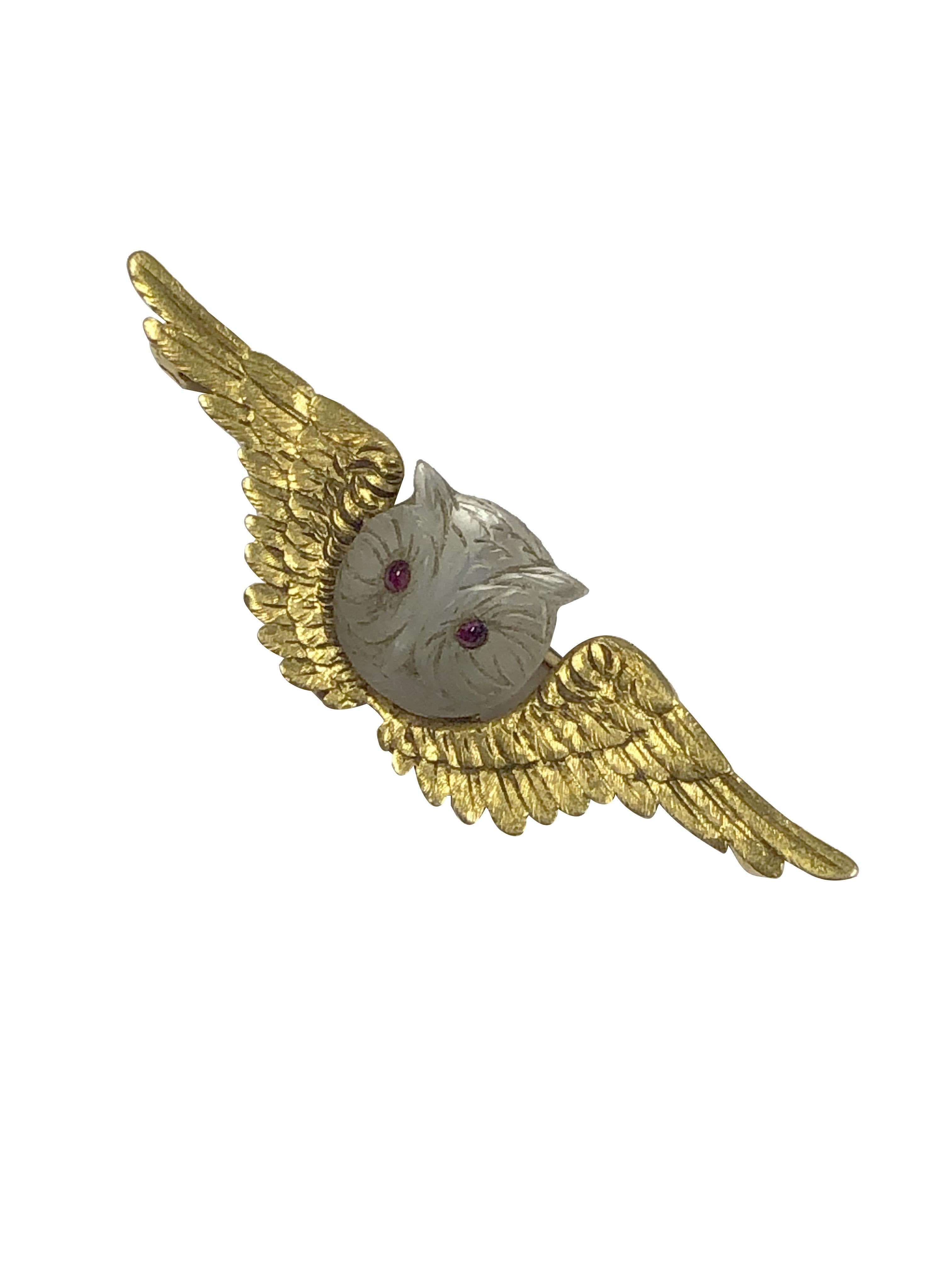 Circa 1900 Tiffany & Company 14k Yellow Gold Winged Owl Brooch, measuring 1 3/4 inches in length X 1/2 inch and having a 