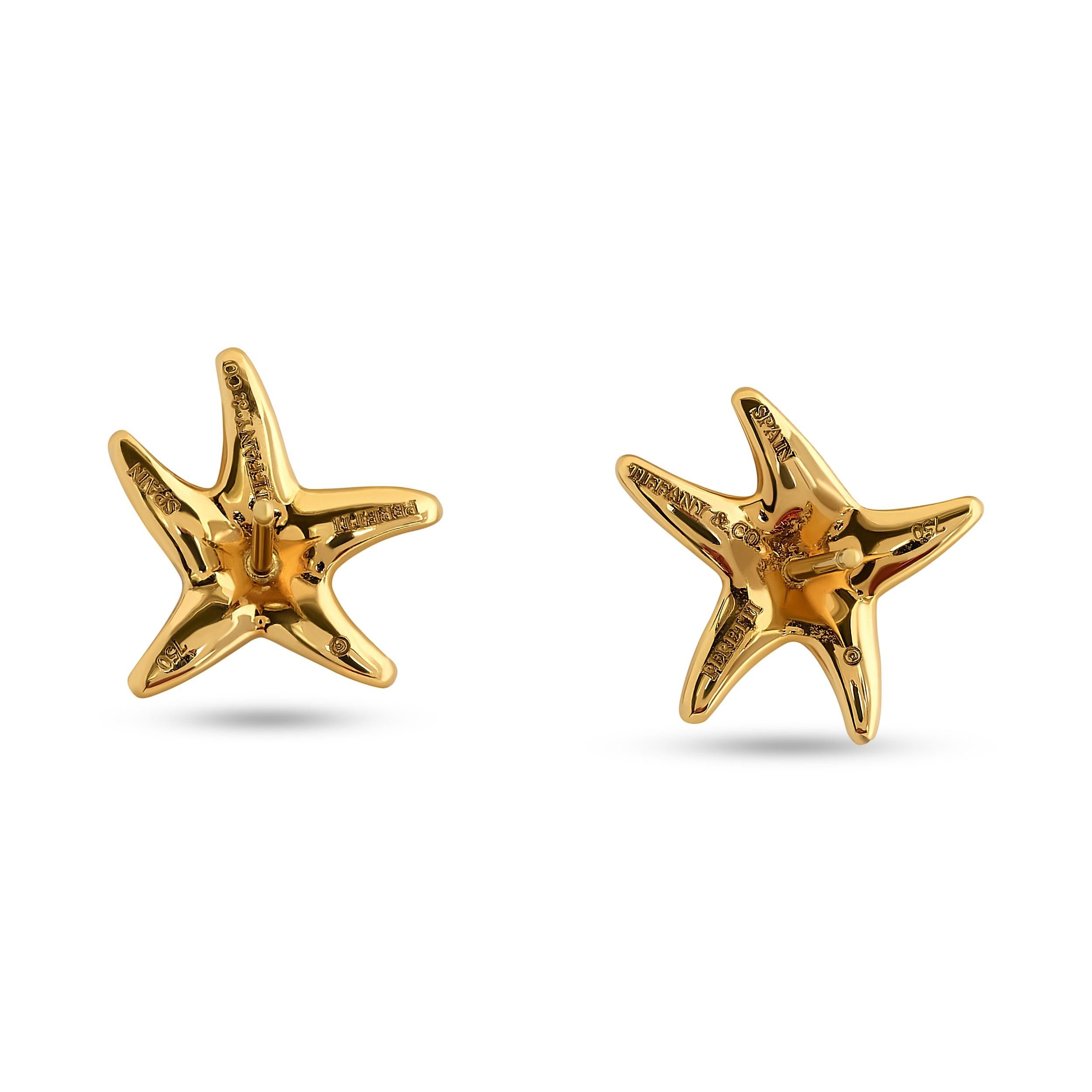 These elegant Tiffany & Co. earrings feature a delicate starfish design crafted in shimmering yellow gold.

There are 32 round diamonds that weigh approximately 0.35 total carat weight; they are F-G color and VS clarity grade. 

They are signed: