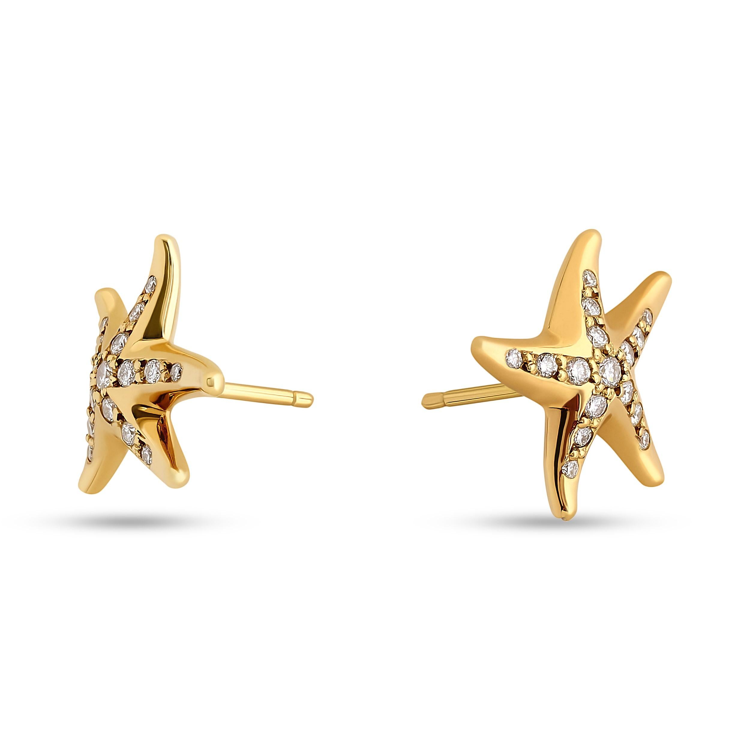 Round Cut Tiffany & Company Elsa Peretti 18 Karat Yellow Gold Starfish Diamond Earrings