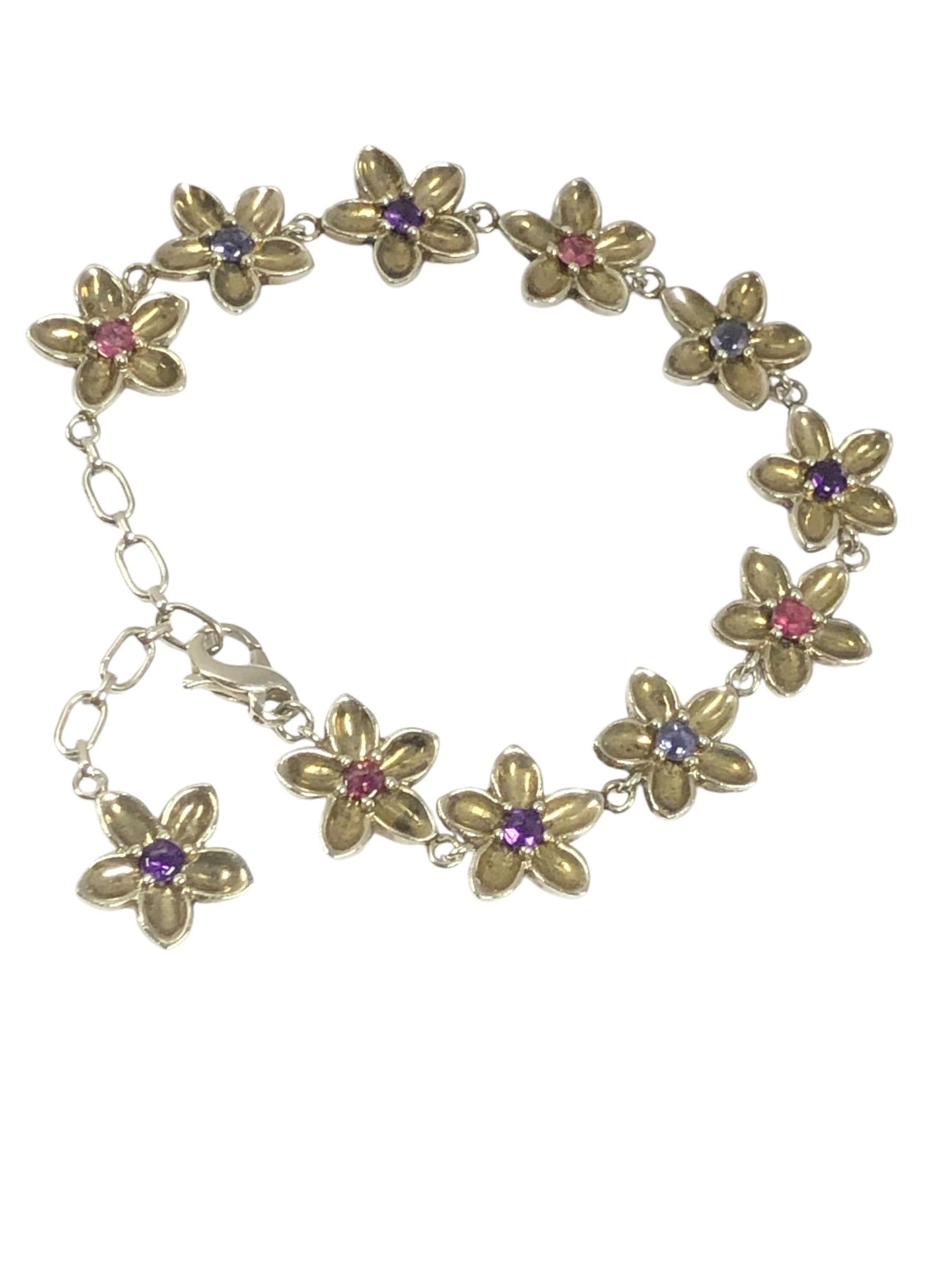 Tiffany & Company Gemstone and Sterling Flower Bracelet In New Condition In Chicago, IL