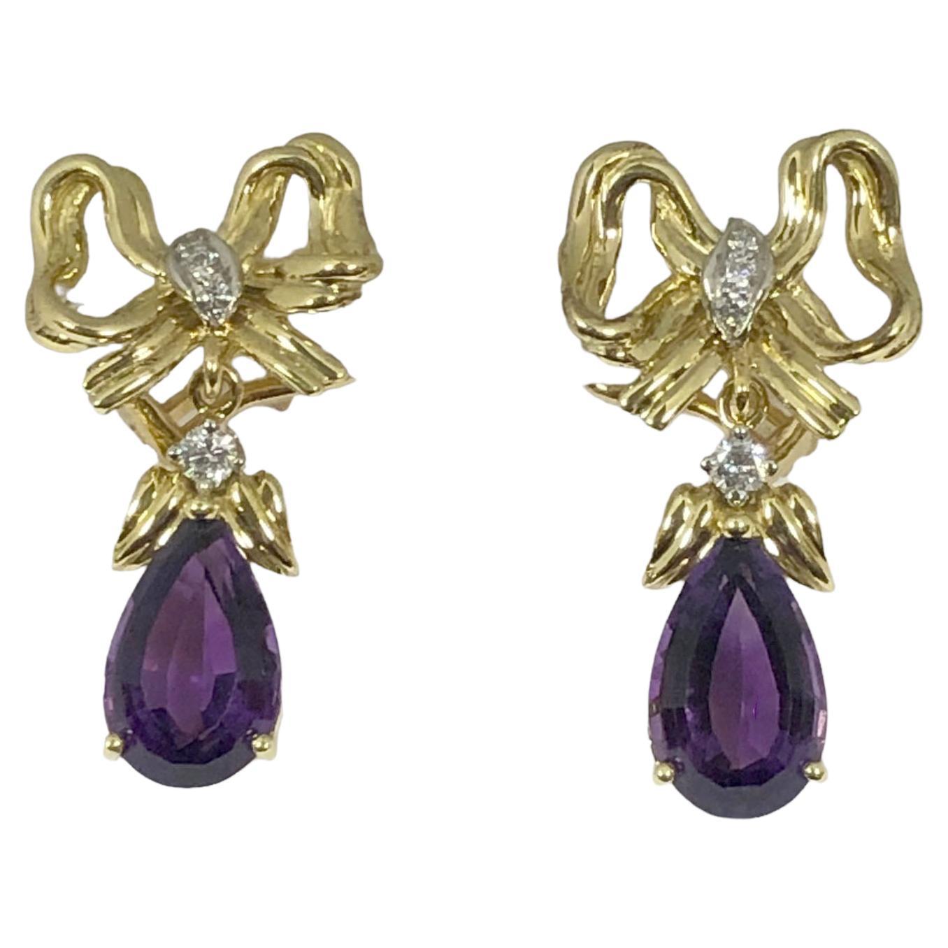 Tiffany & Company Gold Diamond Amethyst Day Night Ribbon Bow Earrings 