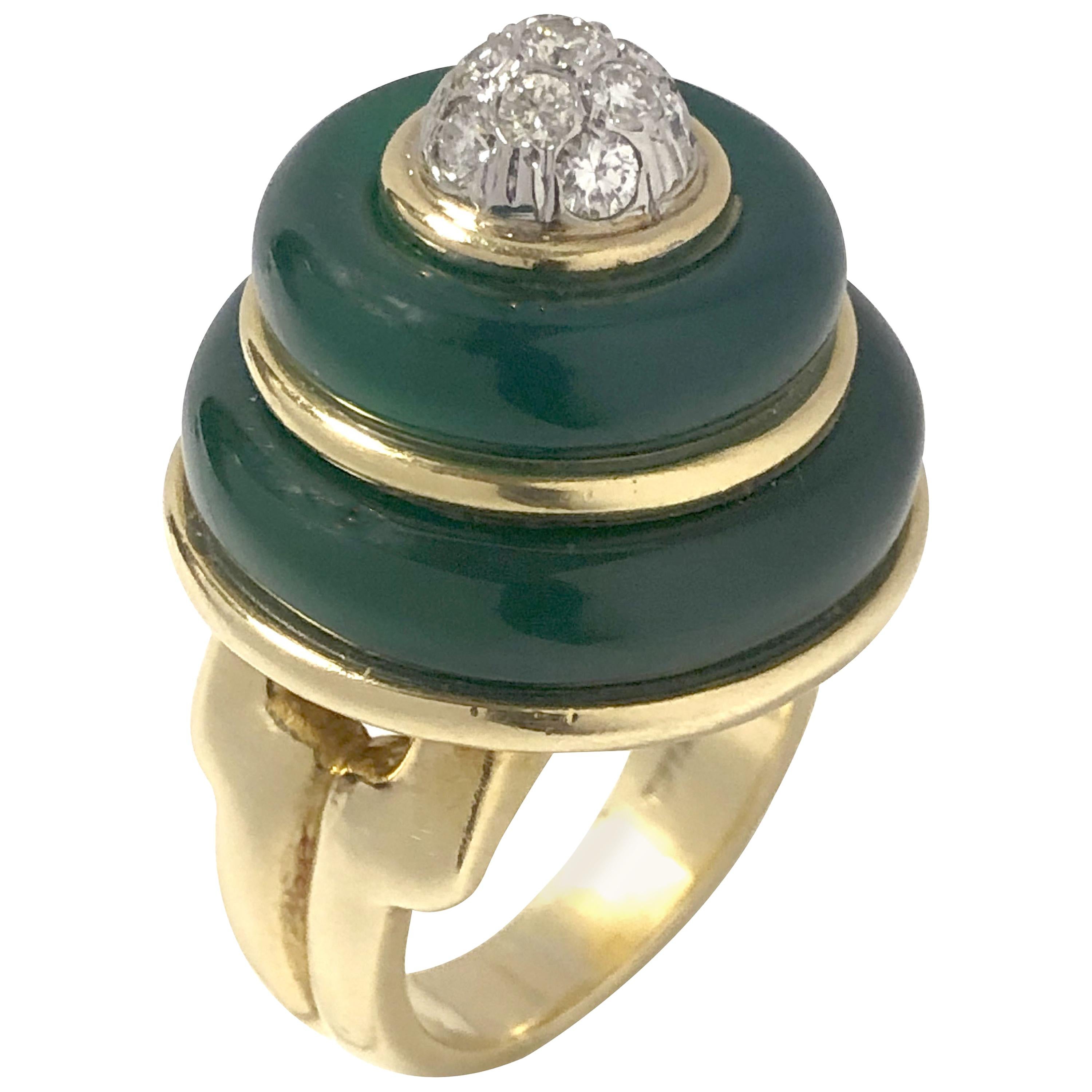 Tiffany & Co. Large Gold Diamond and Chrysophrase "Cake" Ring