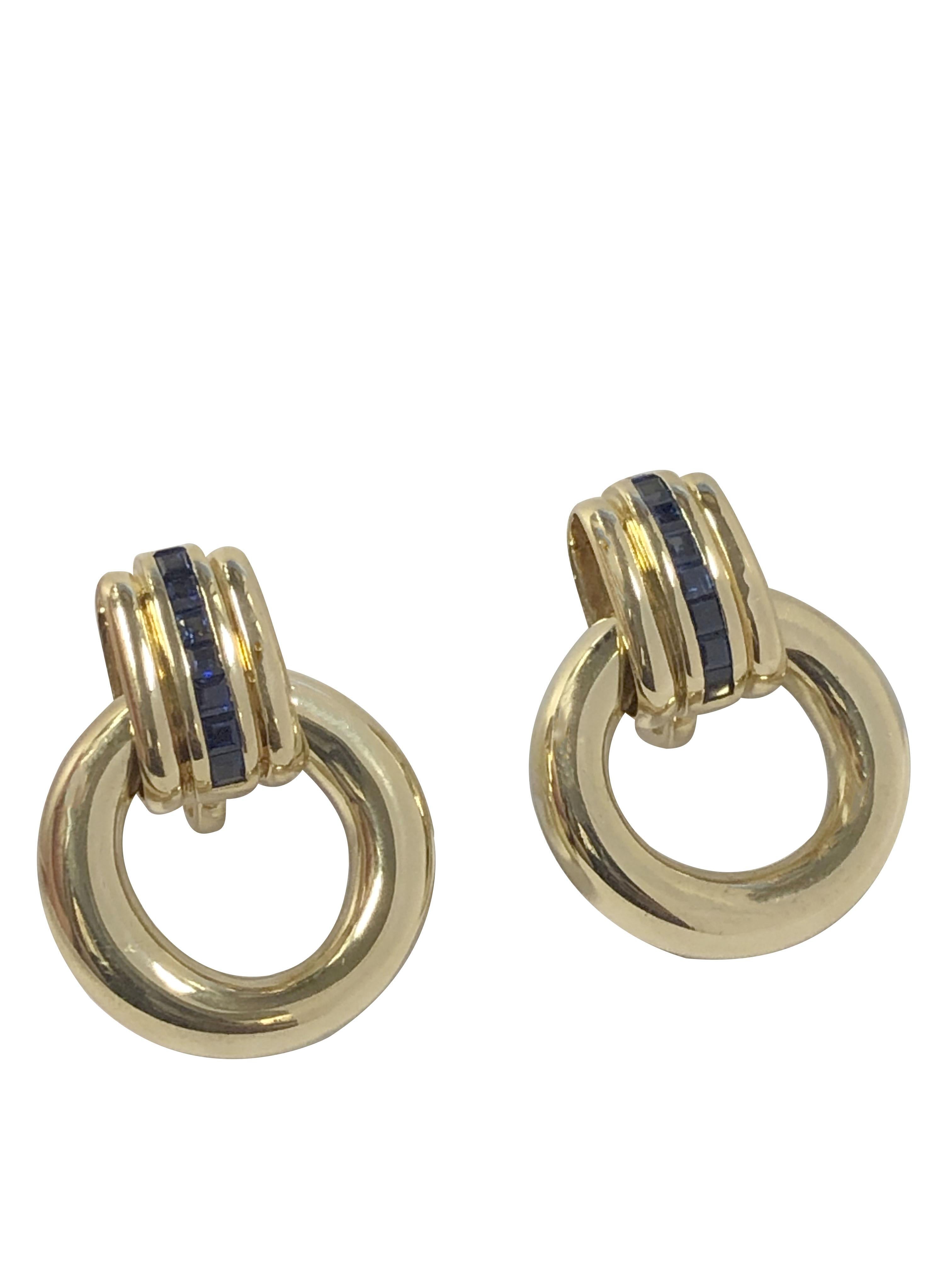 Square Cut Tiffany & Company large Yellow Gold and Sapphire Door Knocker Earrings For Sale