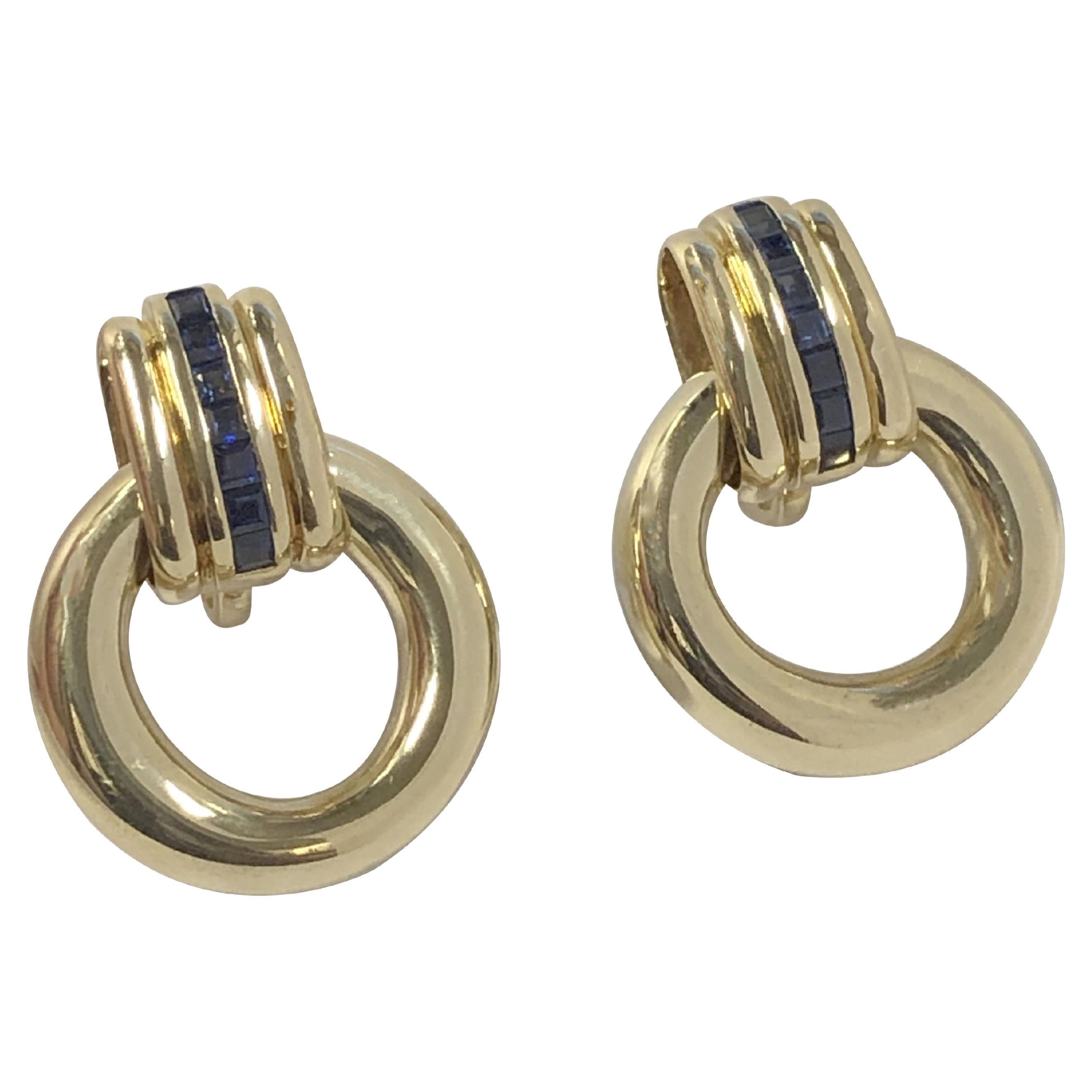 Tiffany & Company large Yellow Gold and Sapphire Door Knocker Earrings For Sale