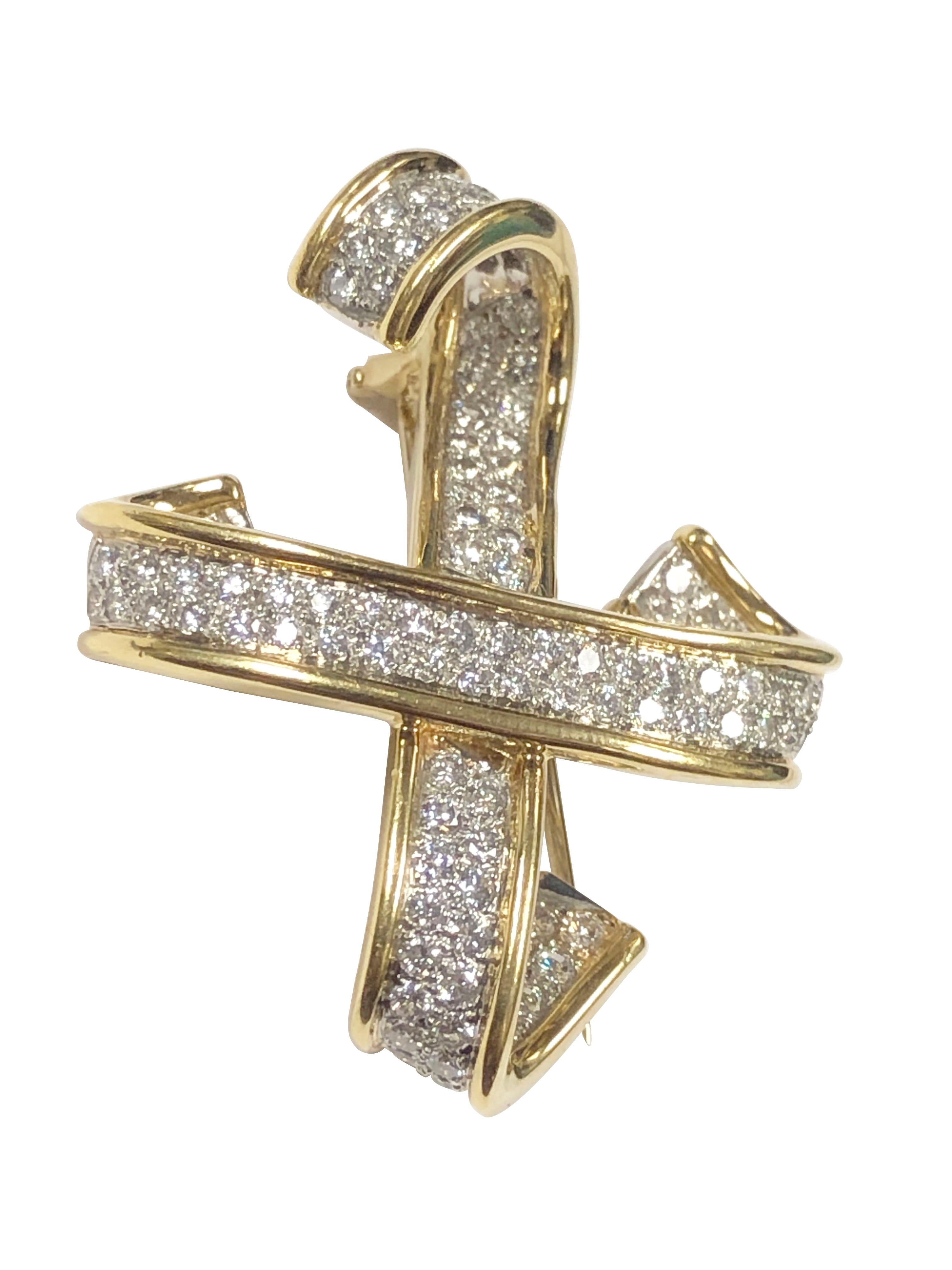 Round Cut Tiffany & Company Paloma Picasso Diamond and Yellow Gold X Brooch For Sale
