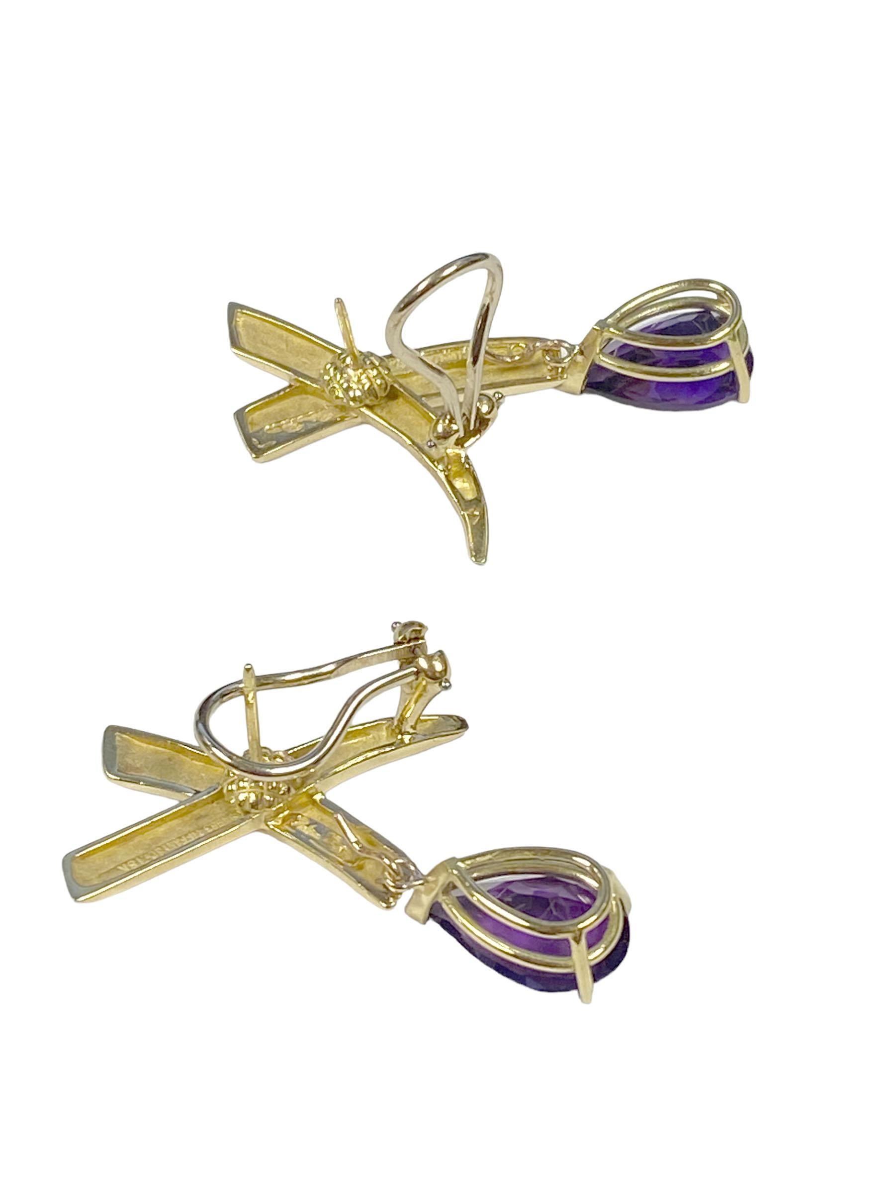 Circa 1990s Paloma Picasso for Tiffany & Company Graffiti collection 18k Yellow Gold Earrings with Detachable Amethyst Drops, measuring 1 5/8 inches in length, Very fine color Pear shape Amethyst drops approximately 4 carats each, Omega clip backs
