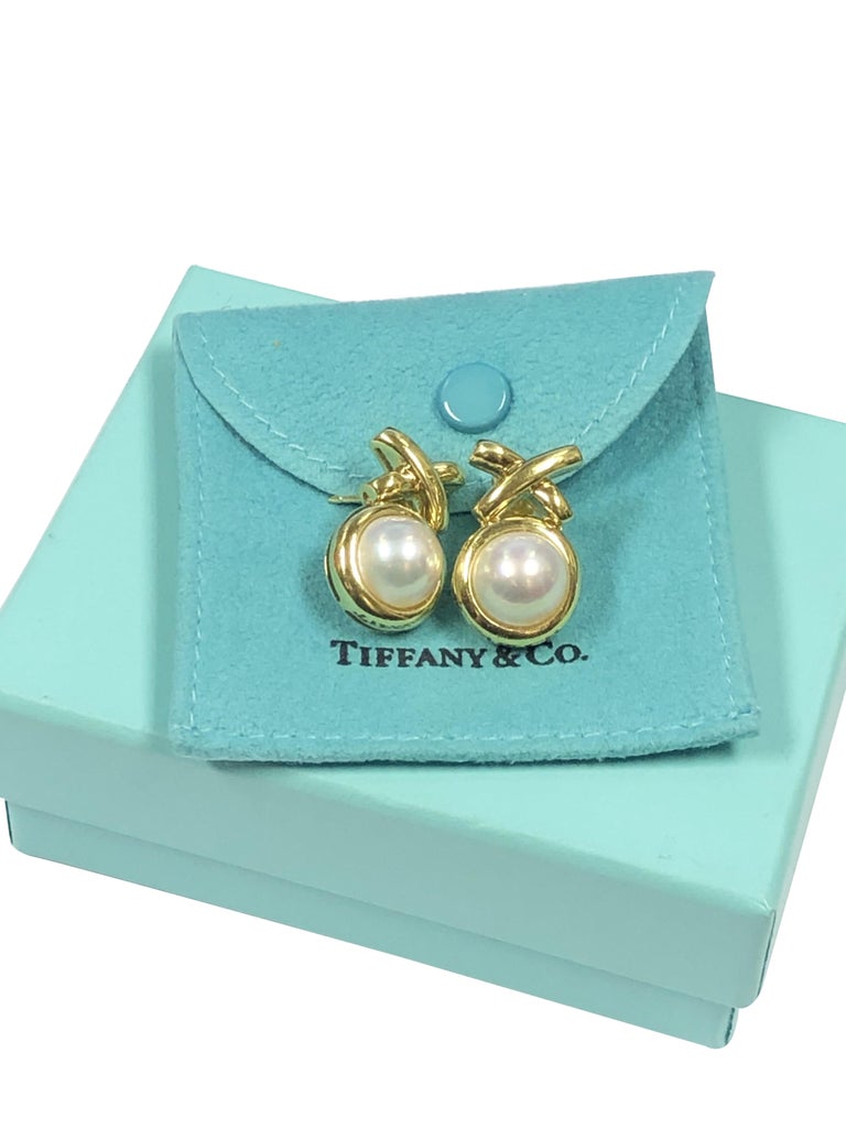 Tiffany and Co. Paloma Picasso X Collection Yellow Gold and Pearl Earrings  For Sale at 1stDibs