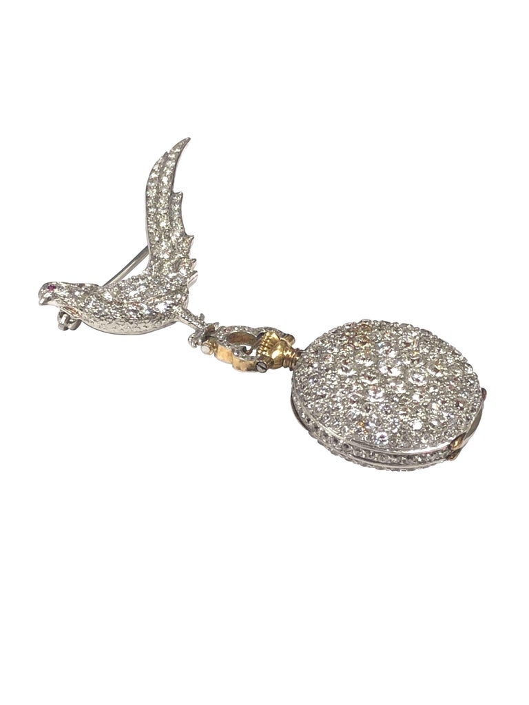 Tiffany & Co. Platinum and Diamond Encrusted Bird Form Lapel Pin and Watch In Excellent Condition For Sale In Chicago, IL