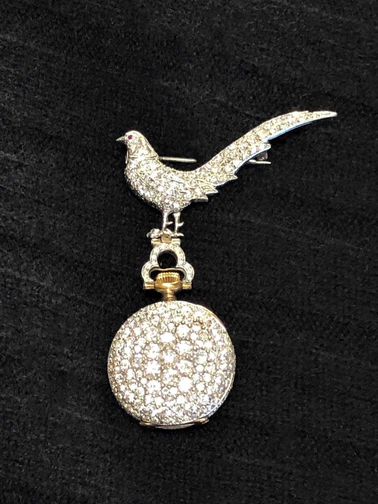 Tiffany & Co. Platinum and Diamond Encrusted Bird Form Lapel Pin and Watch For Sale 1