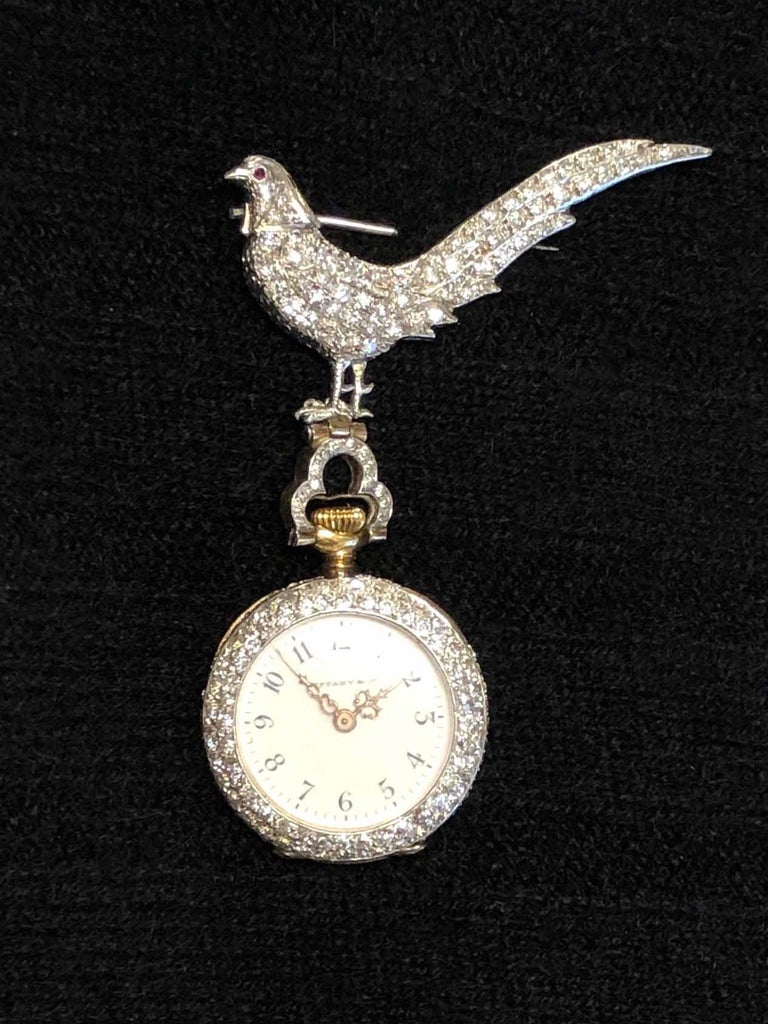 Tiffany & Co. Platinum and Diamond Encrusted Bird Form Lapel Pin and Watch For Sale 2