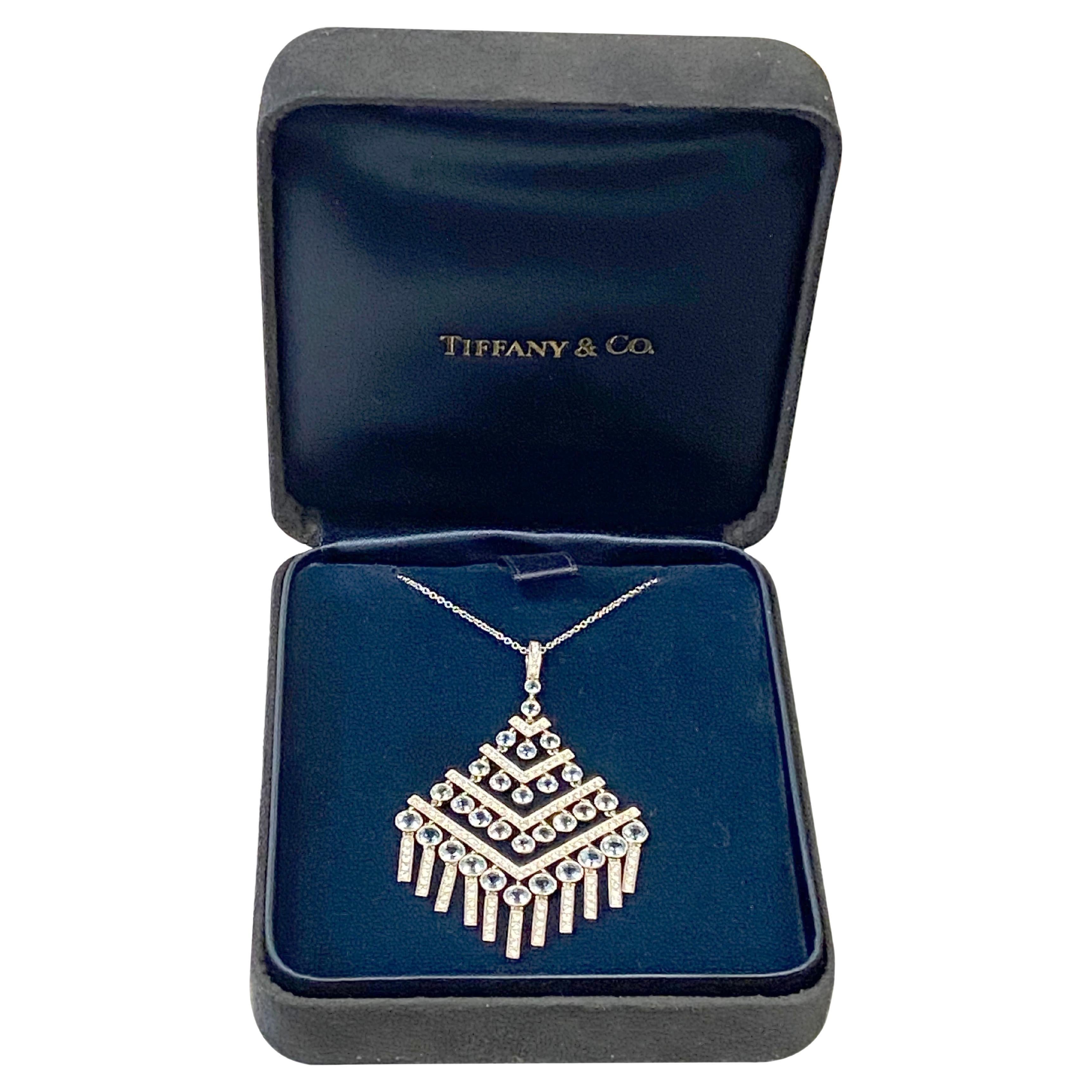 Tiffany & Company Platinum Diamond and Aquamarine Art Deco style Necklace For Sale