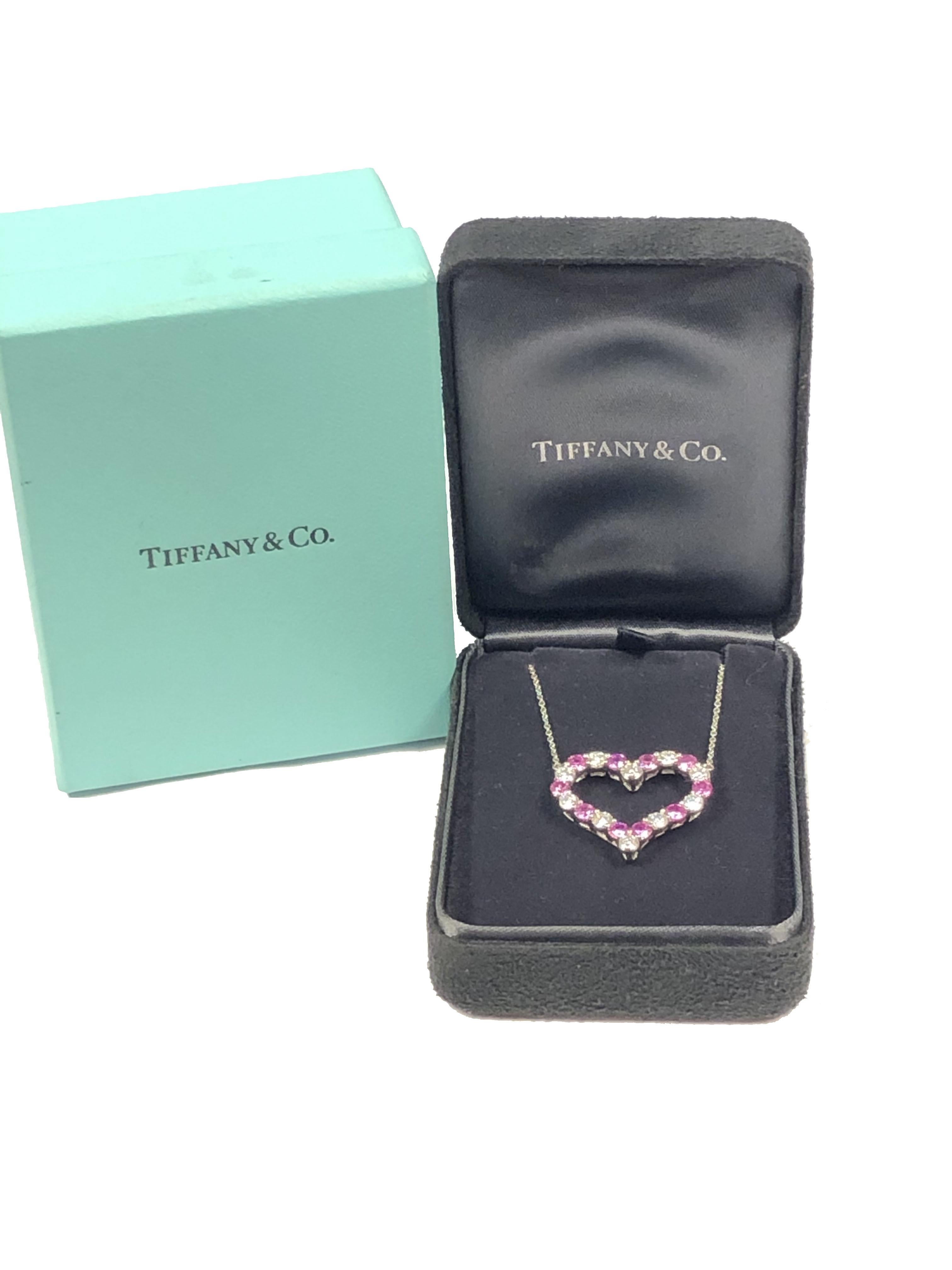 Tiffany & Co. Platinum Diamond and Pink Sapphire Open Heart Pendant Necklace In Excellent Condition In Chicago, IL