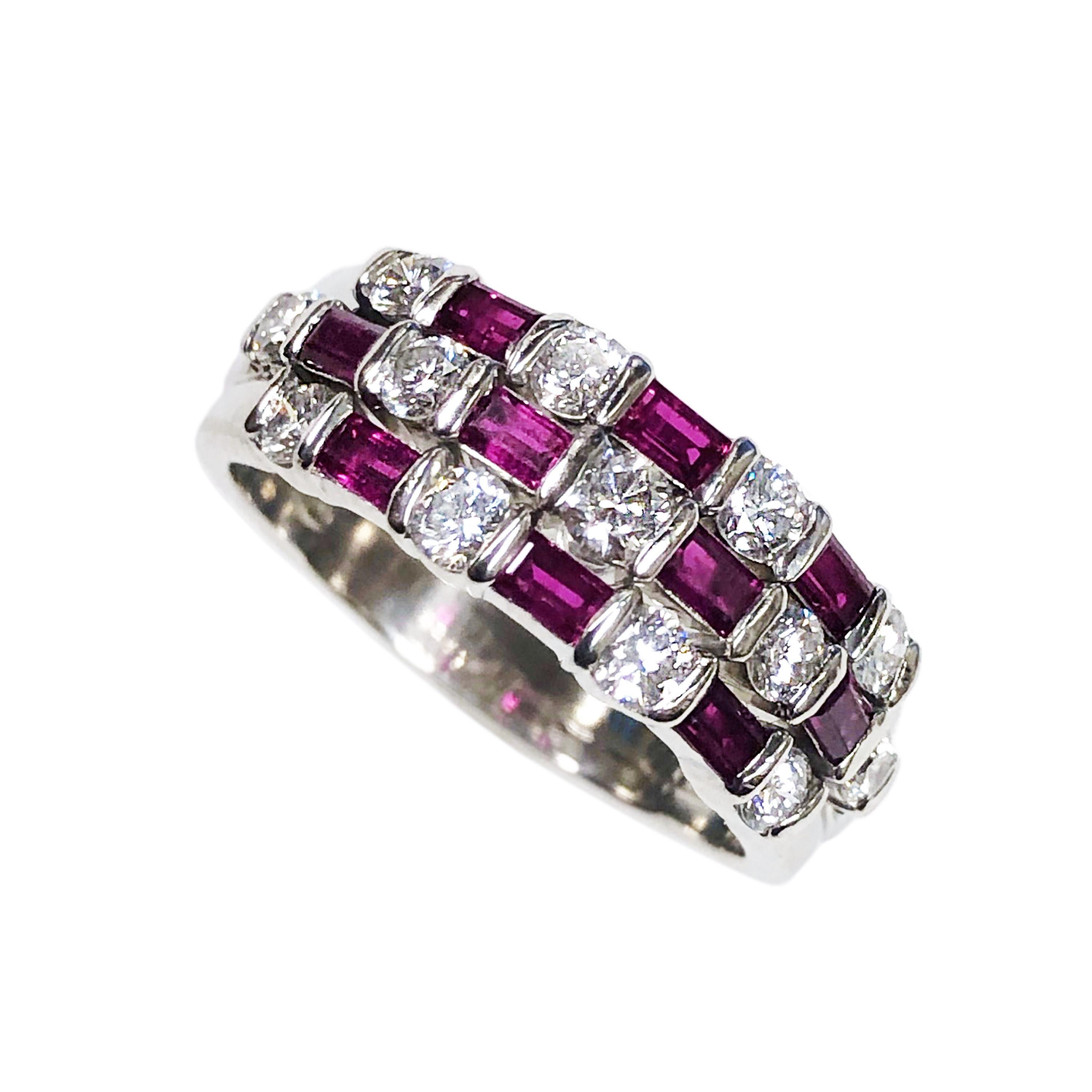 Circa 1990 Tiffany & company Platinum Ring, in the Dot Dash style created and made Famous by Oscar Heyman. This ring features Round Brilliant cut Diamonds totaling .55 Carat and very fine color Baguette Rubies. The top of the ring measures 3/4 inch