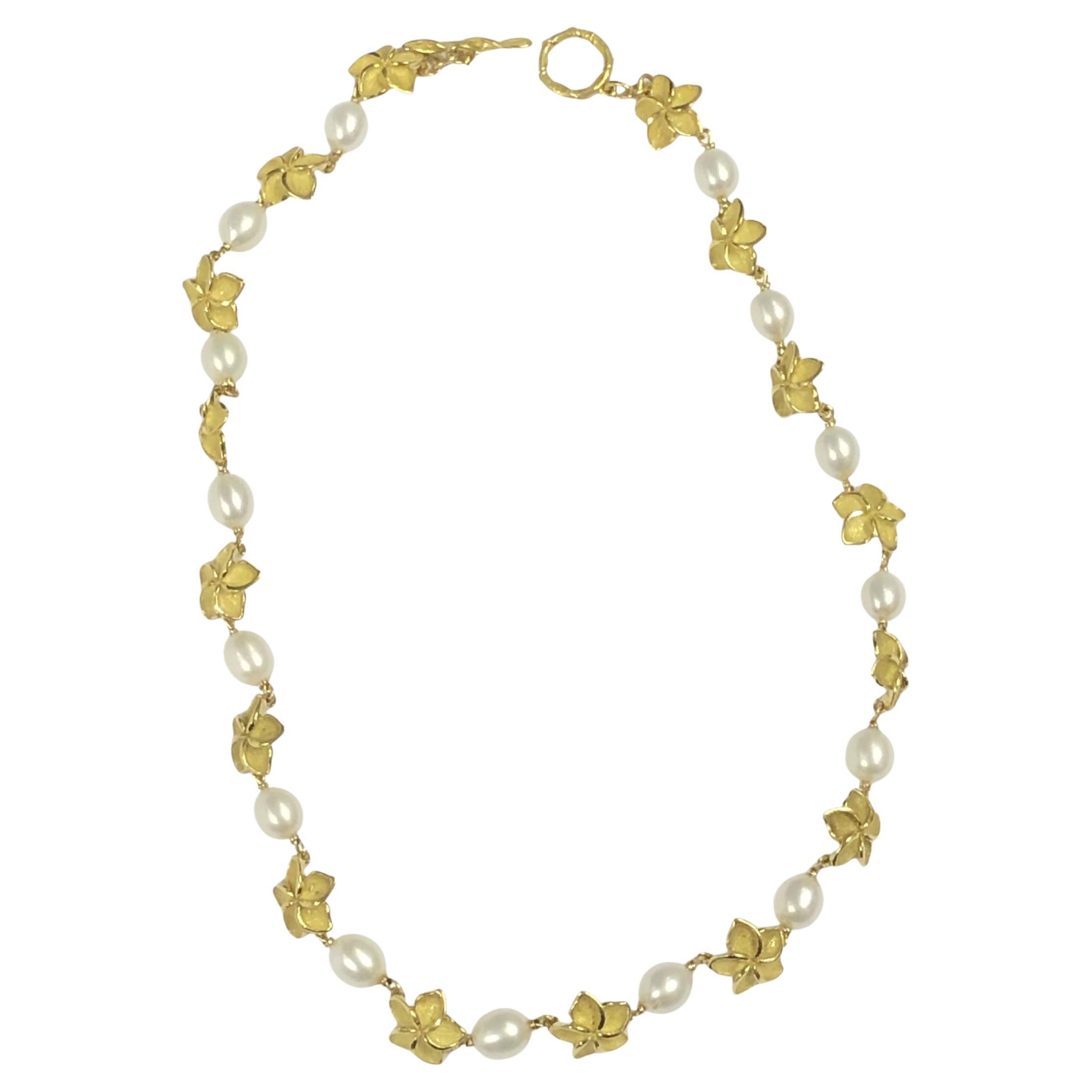 Tiffany & Company Plumeria Yellow Gold and Pearl Necklace For Sale